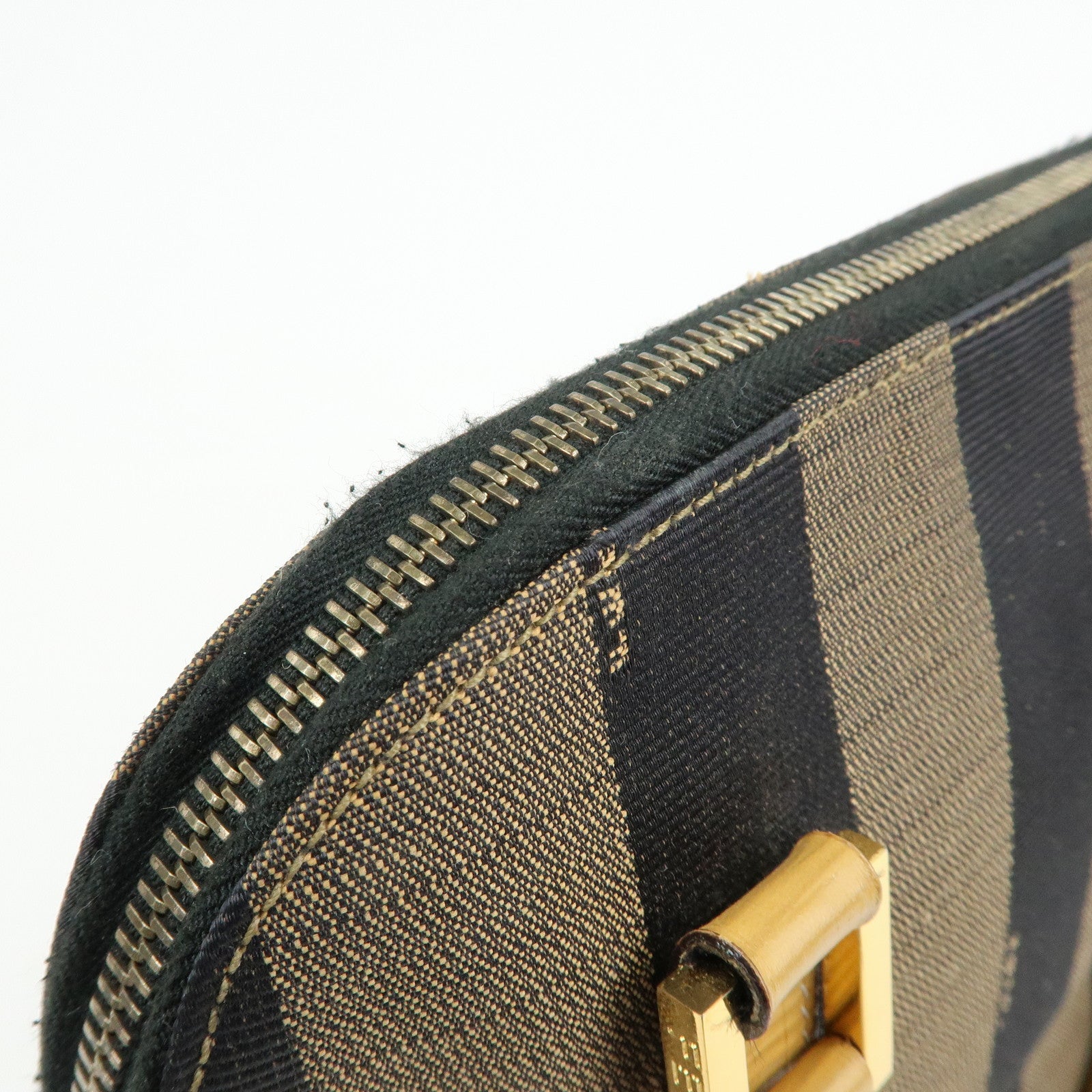 FENDI Pequin Canvas Leather 2Way Bag Hand Bag Shoulder Bag Brown