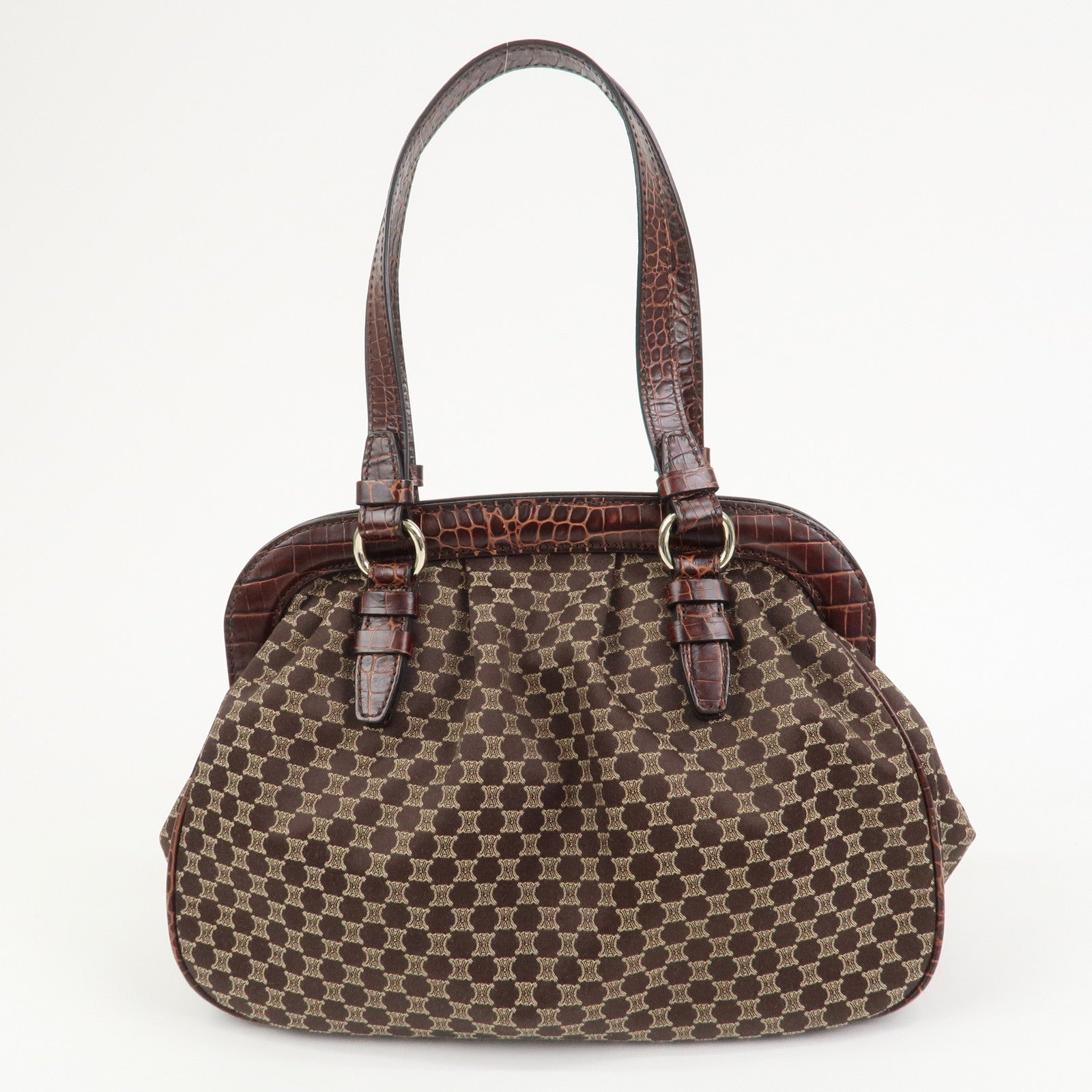 CELINE Macadam Canvas Embossed Leather Shoulder Bag Hand Bag Brown