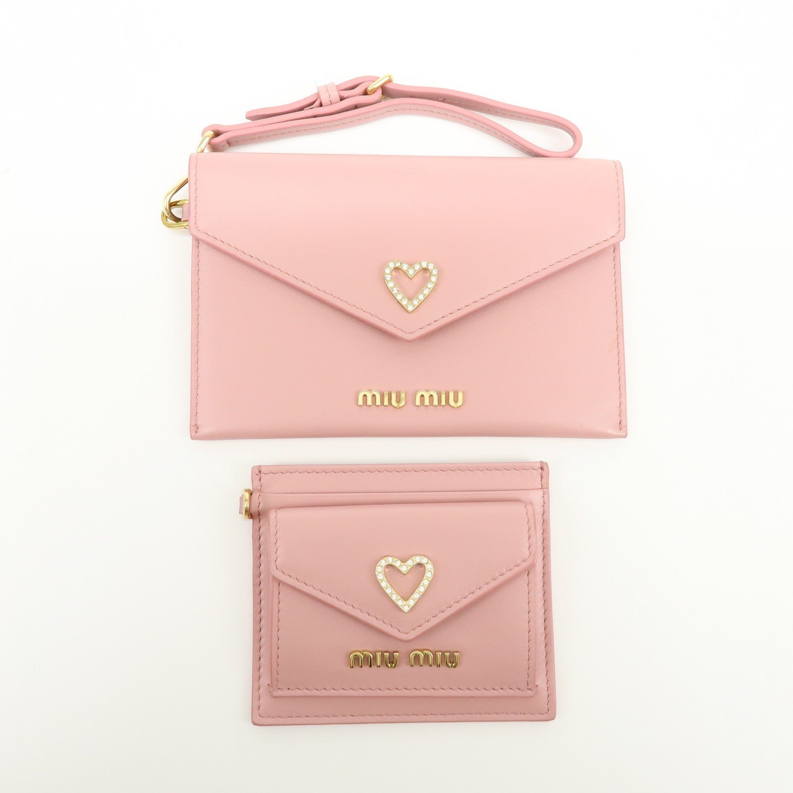 MIU MIU Madras Leather Rhinestone Card Case Heart Love letter Pink