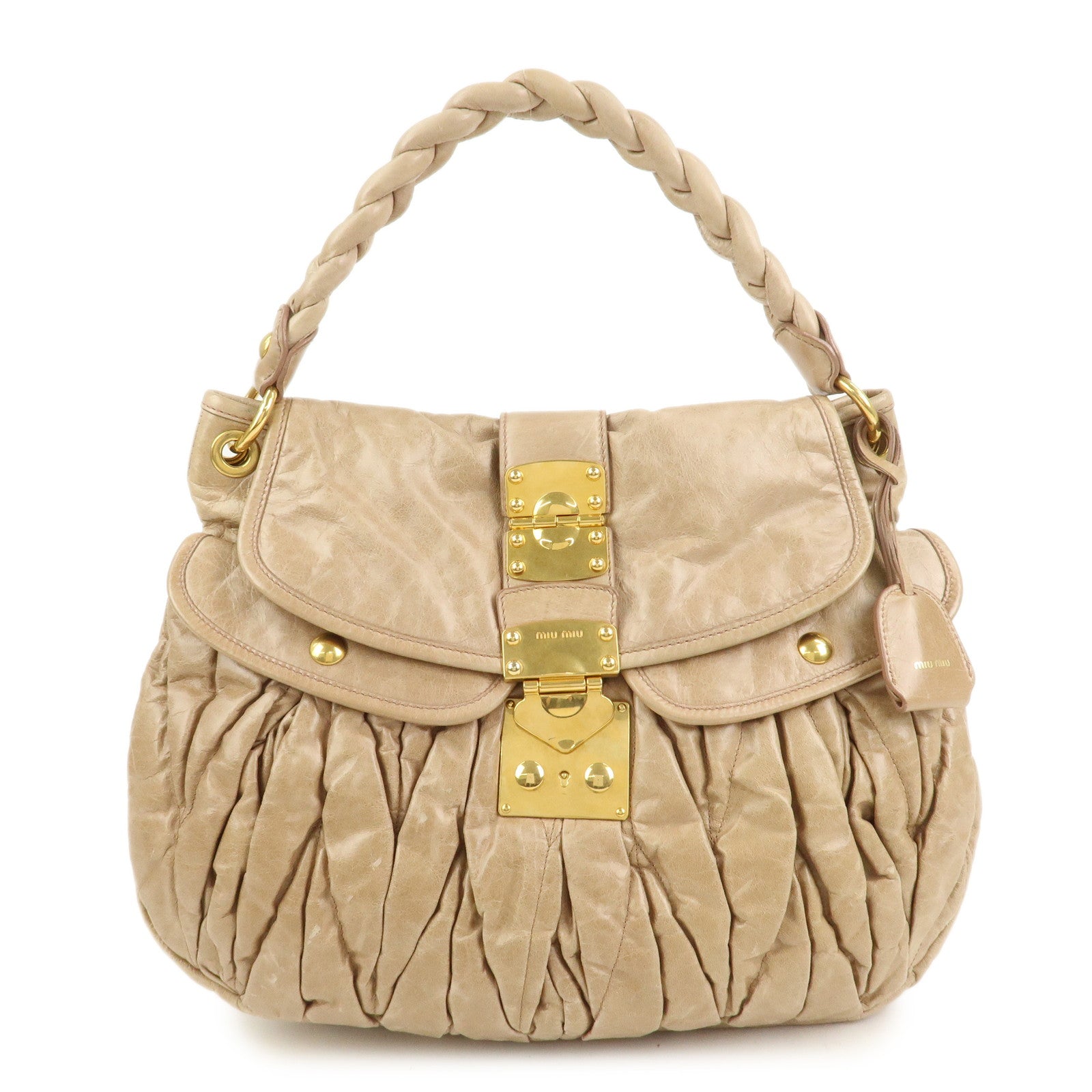 MIU MIU Matelasse Leather Hand Bag Light Brown RR1300