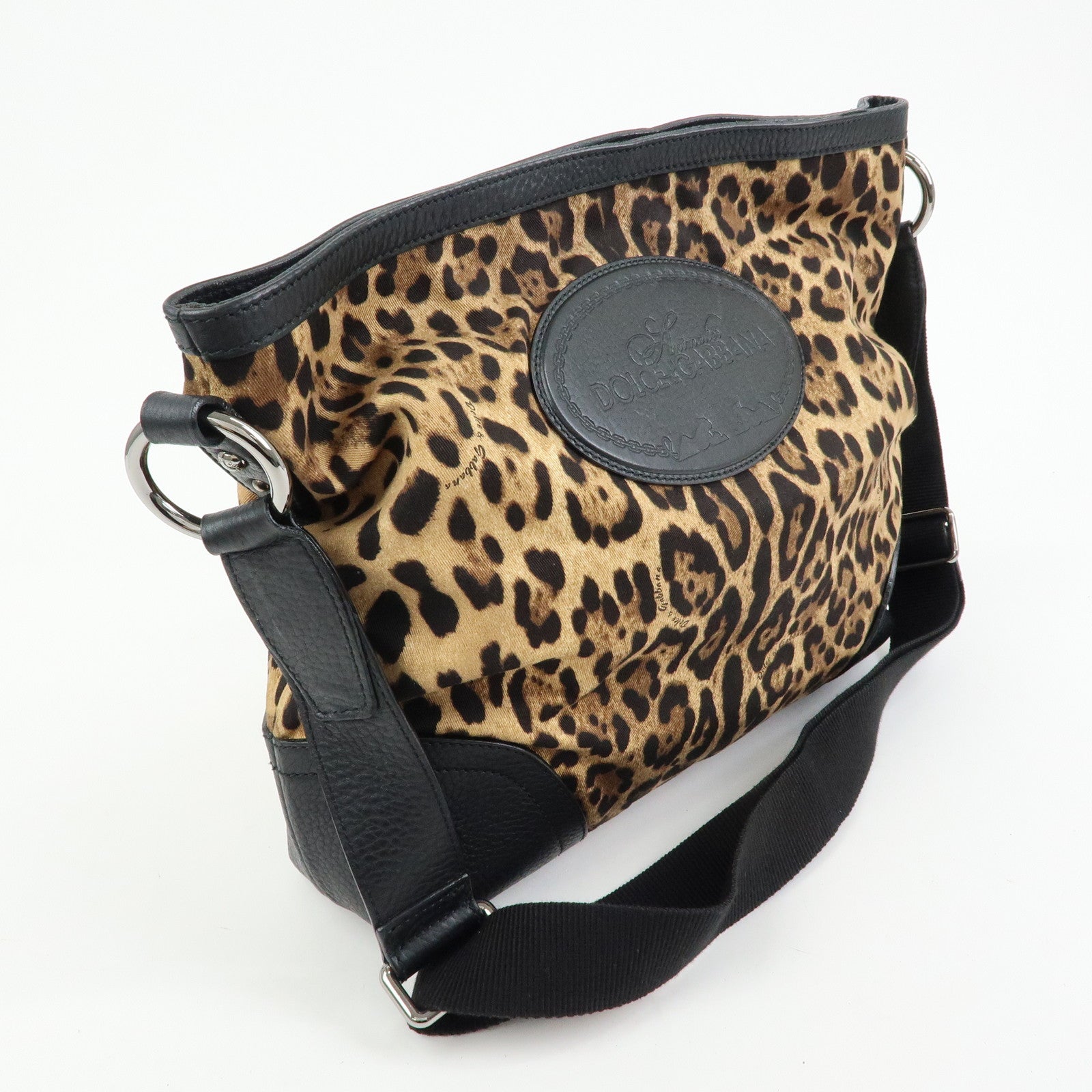 DOLCE & GABBANA Canvas Leather Shoulder Bag Leopard Brown Black