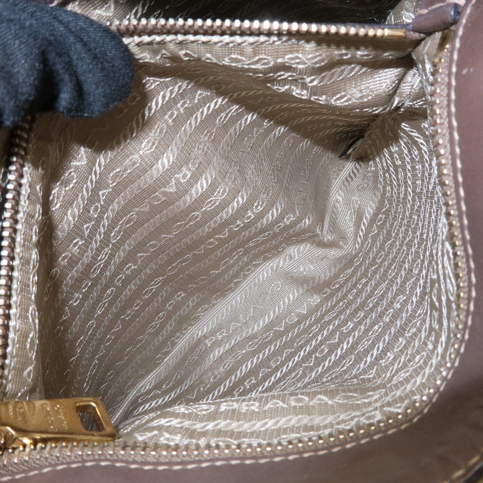 PRADA Logo Jacquard Leather Shoulder Bag Beige Brown BT867A