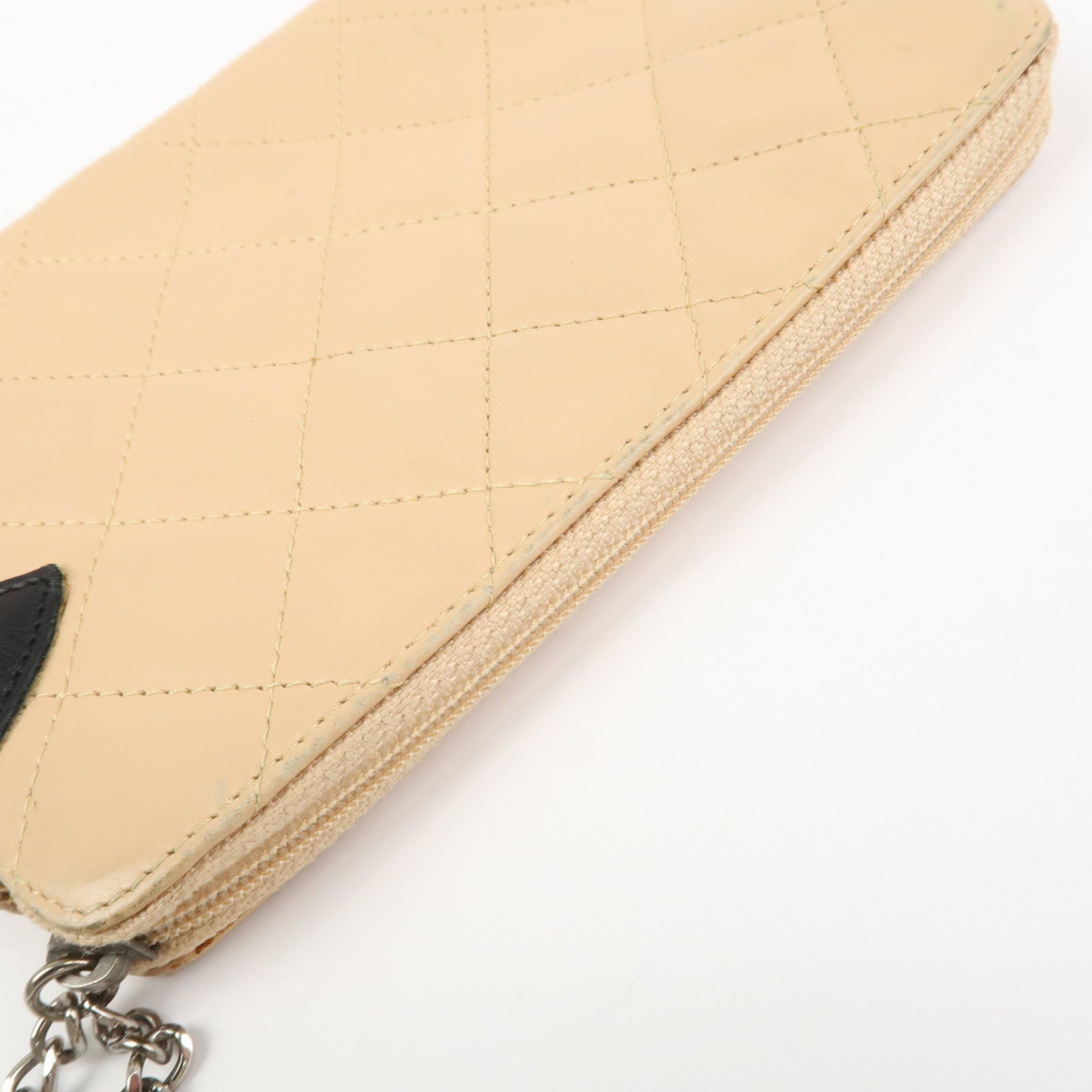 CHANEL Cambon Line Lamb Skin Cosmetic Pouch Makeup Bag Beige Black