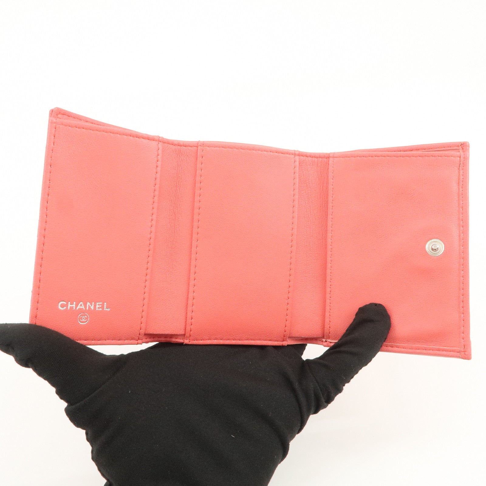 CHANEL Matelasse Lamb Skin Tri-fold Compact Wallet Coral AP0094