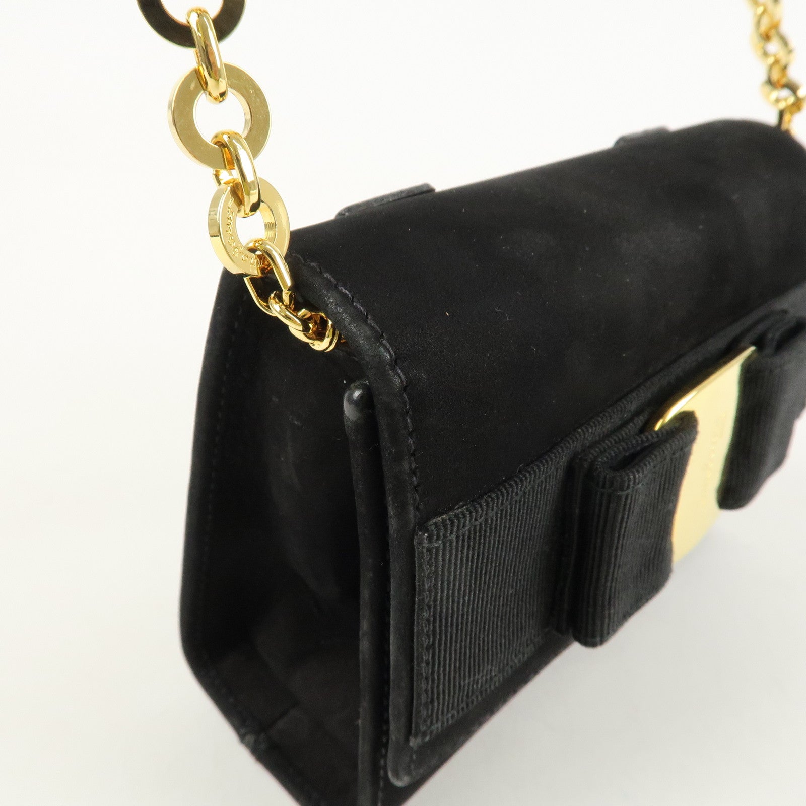 Ferragamo Vara Ribbon Suede Mini Chain Shoulder Bag Hand Bag Black Used