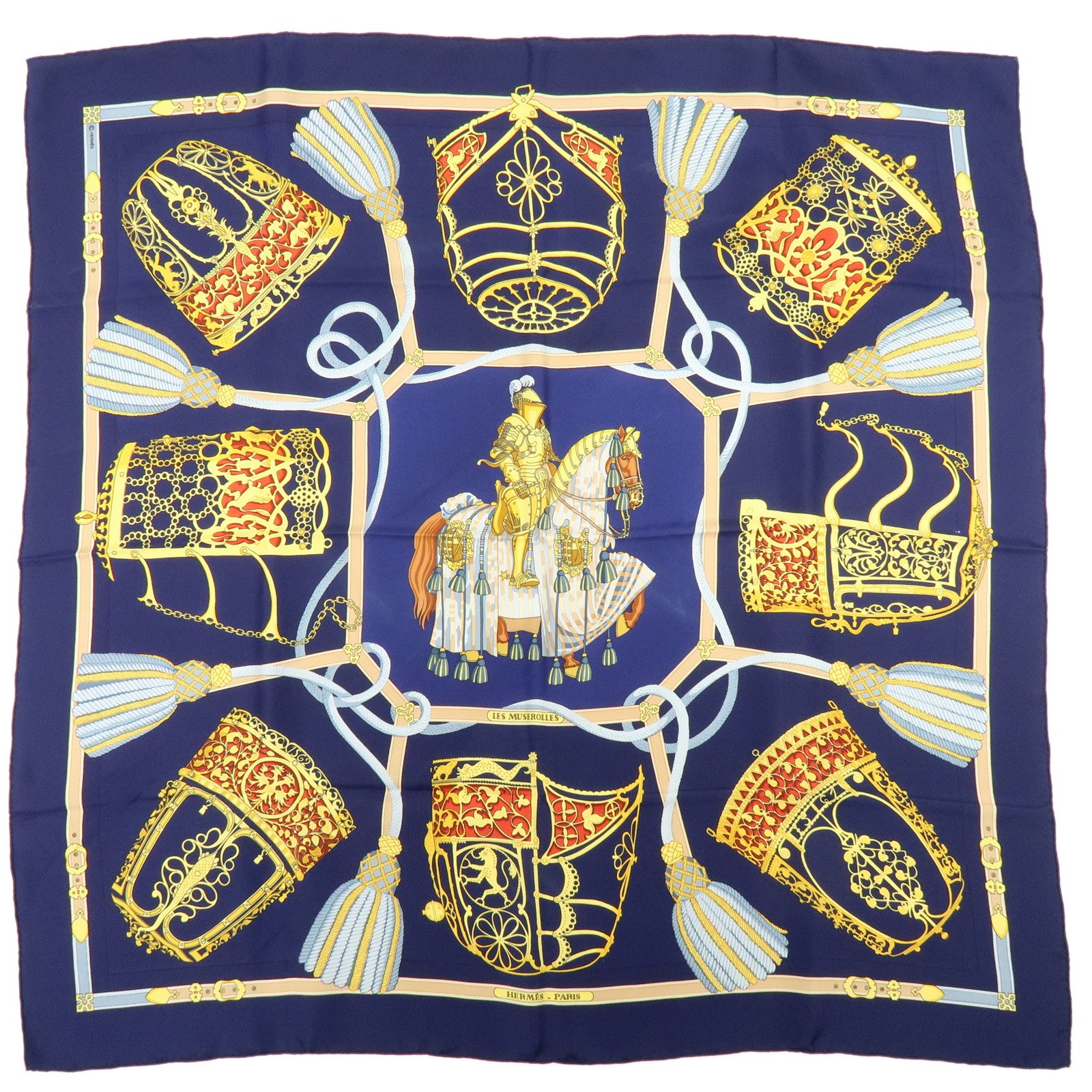HERMES Carre 90 Silk 100% LES MUSEROLLES Scarf Navy
