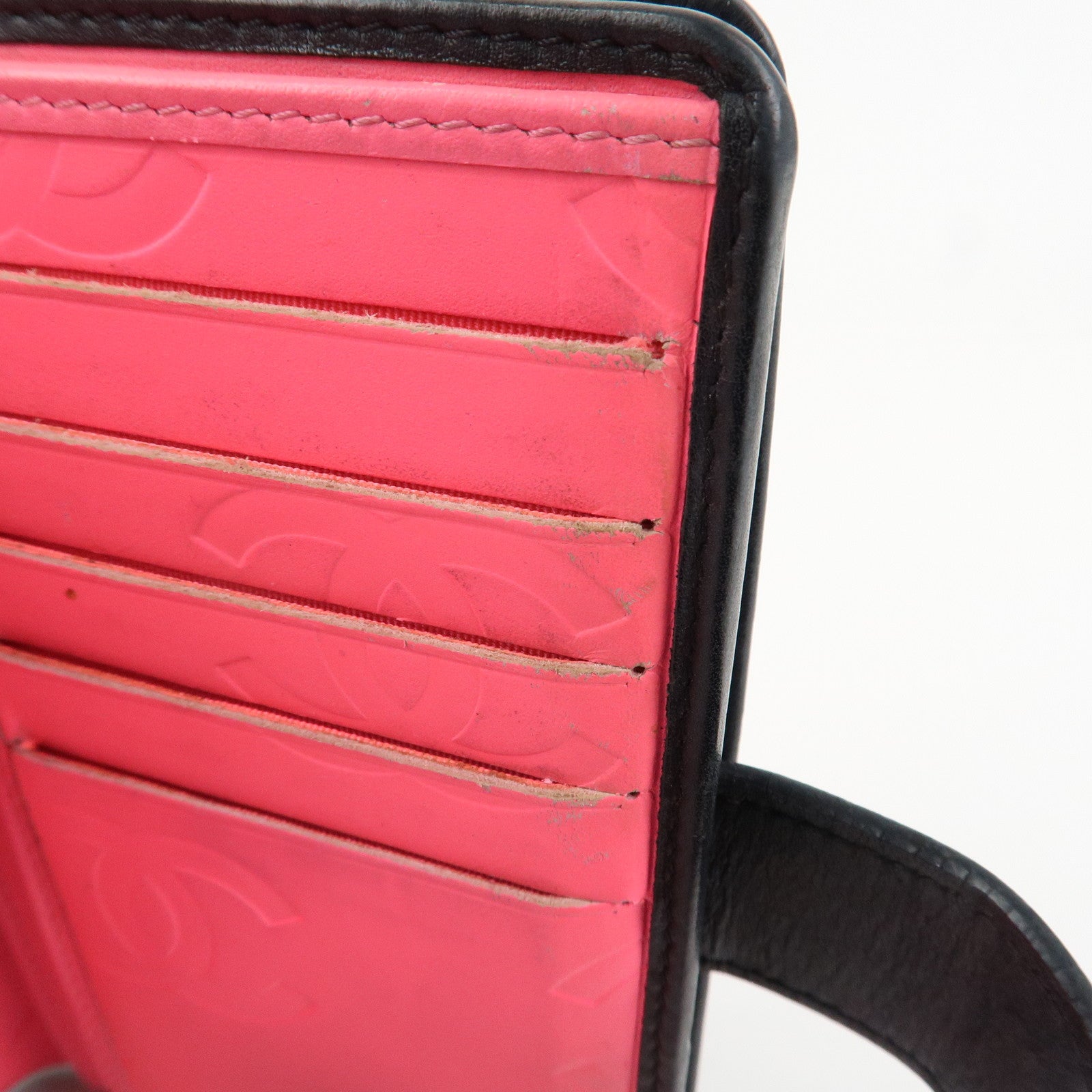 CHANEL Cambon Line COCO Mark Bifold Wallet Black Pink A50080 Used