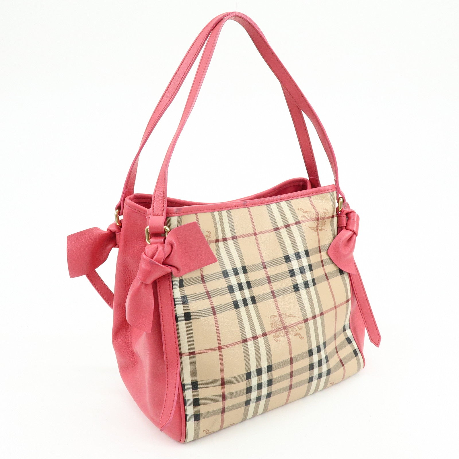 BURBERRY Side Ribbon PVC Leather Hand Bag Nova Plaid Brown Pink