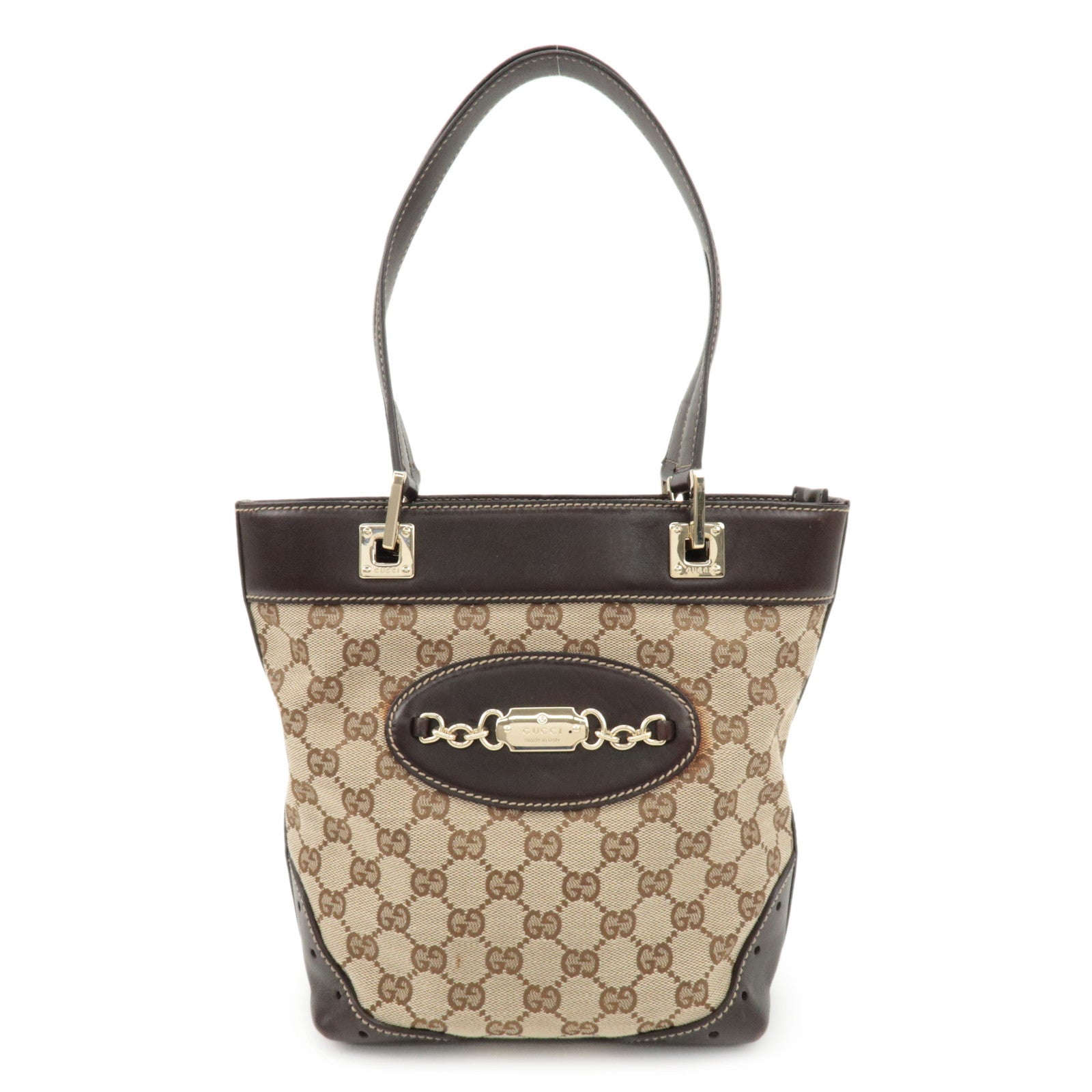 GUCCI GG Canvas Leather Tote Bag Hand Bag Beige Dark Brown 145994 Used