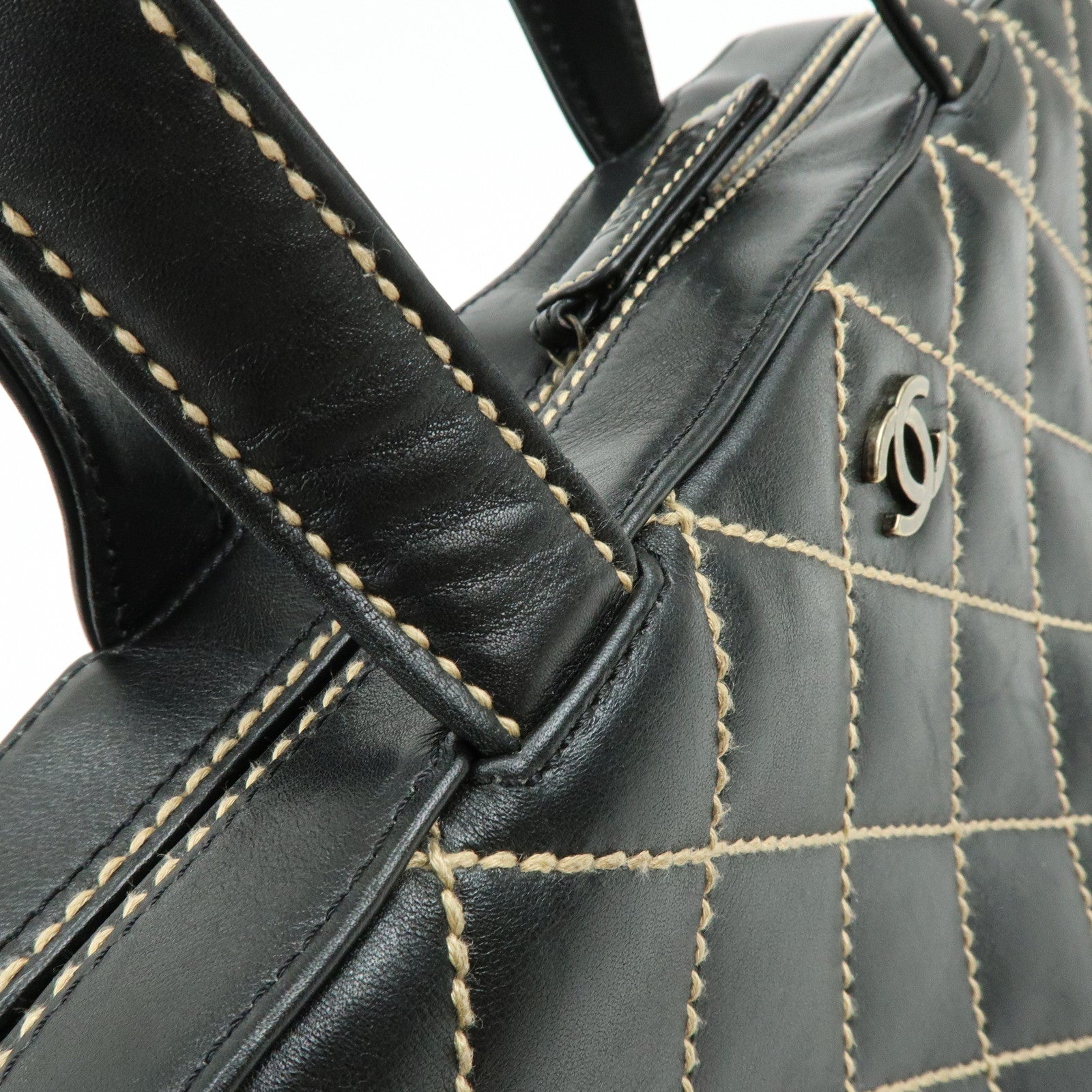 CHANEL Wild Stitch COCO Mark Calf Leather Hand Bag Tote Bag Black