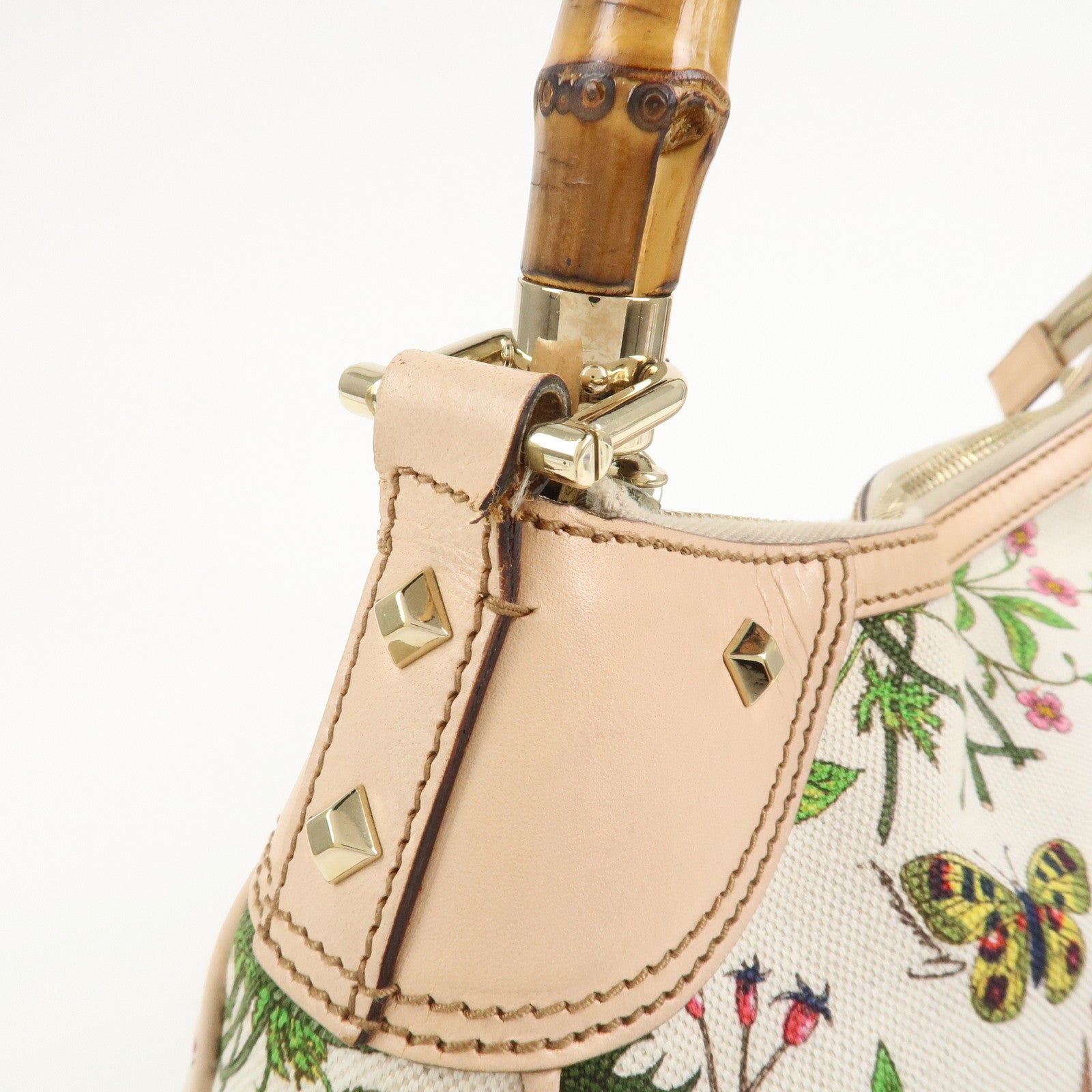 GUCCI Bamboo Canvas Leather Shoulder Bag Flora Ivory Pink 137383