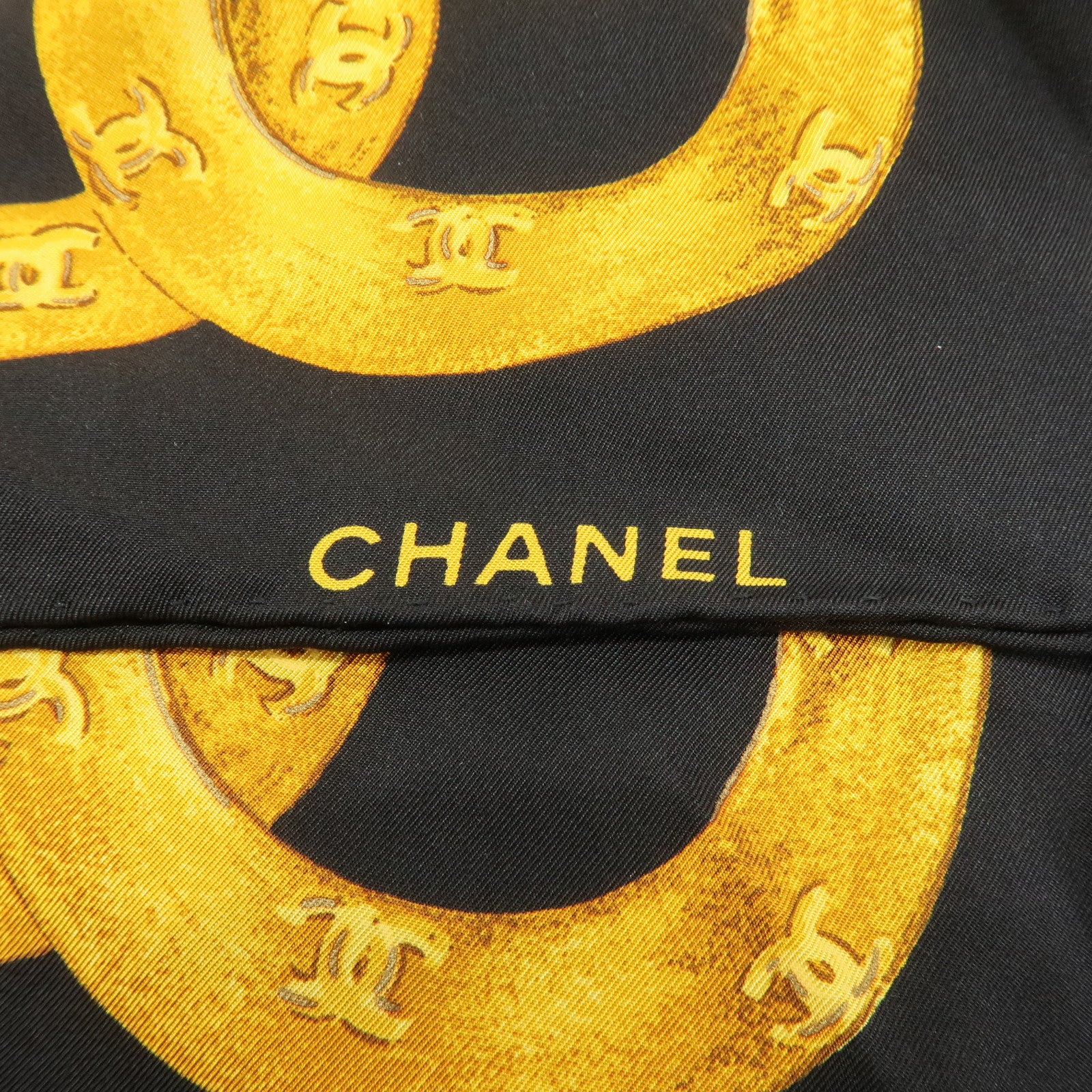 CHANEL COCO Mark Silk 100% Scarf Chain Pattern Black Gold Used