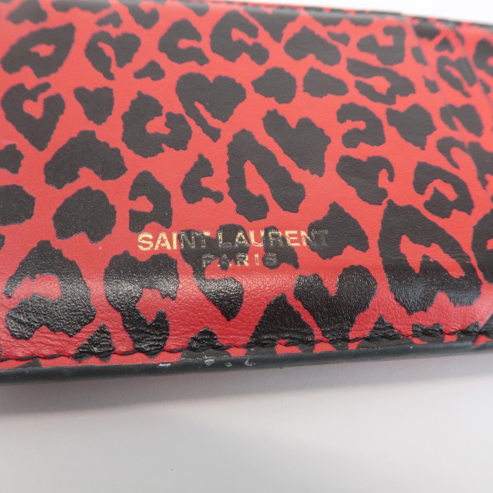 Saint Lauren Leather Animal Leopard Coin Case Card Case Black Red Used