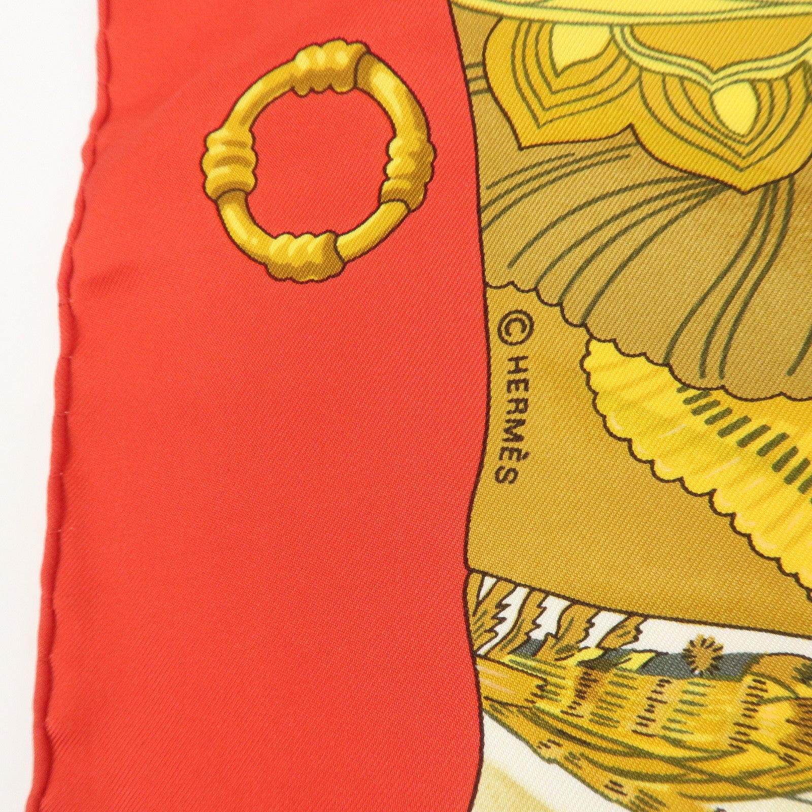 HERMES Carre 90 Silk 100% Scarf Soleil de Soie Gold Red Navy