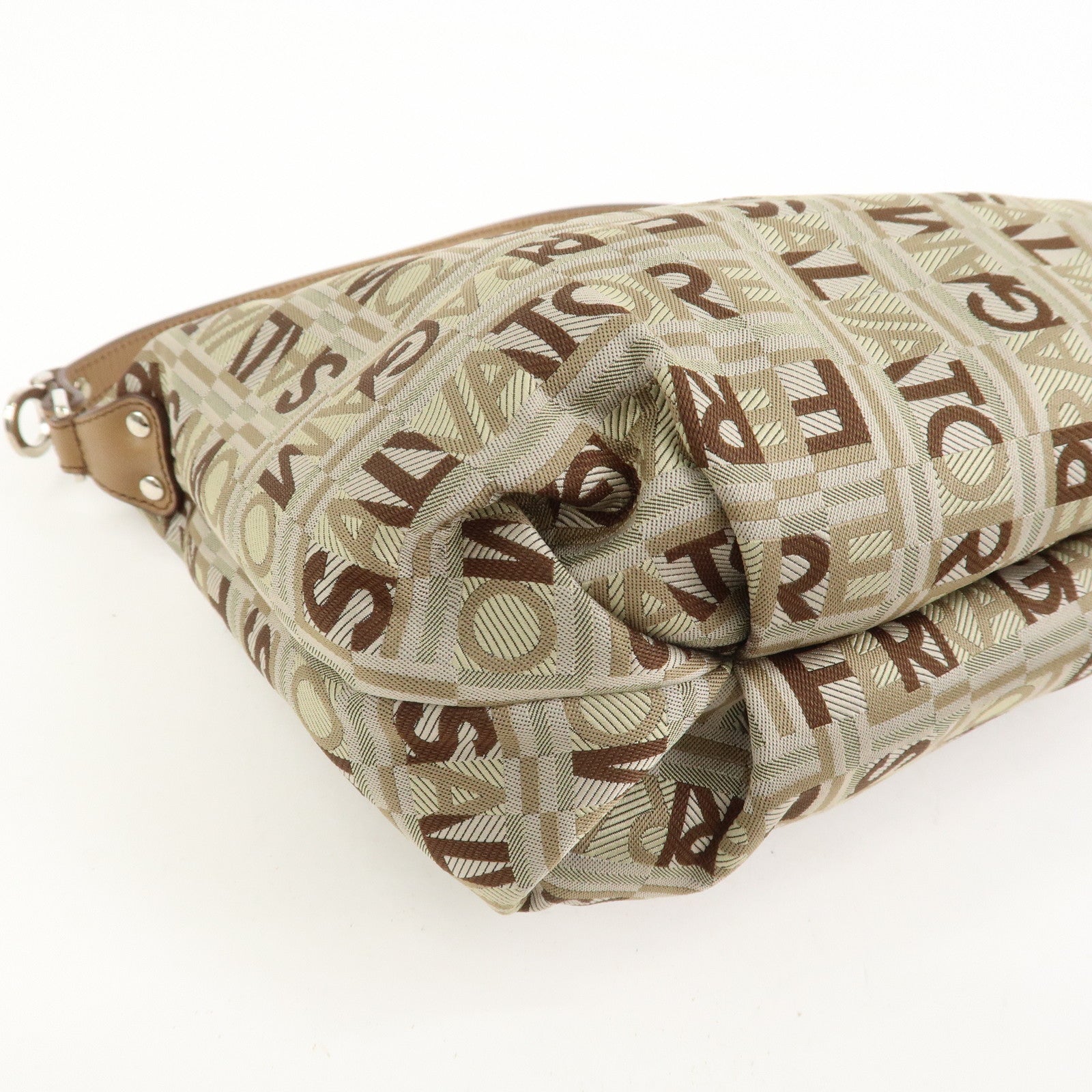 Ferragamo Logo Canvas Leather Hand Bag Shoulder Bag Beige Brown