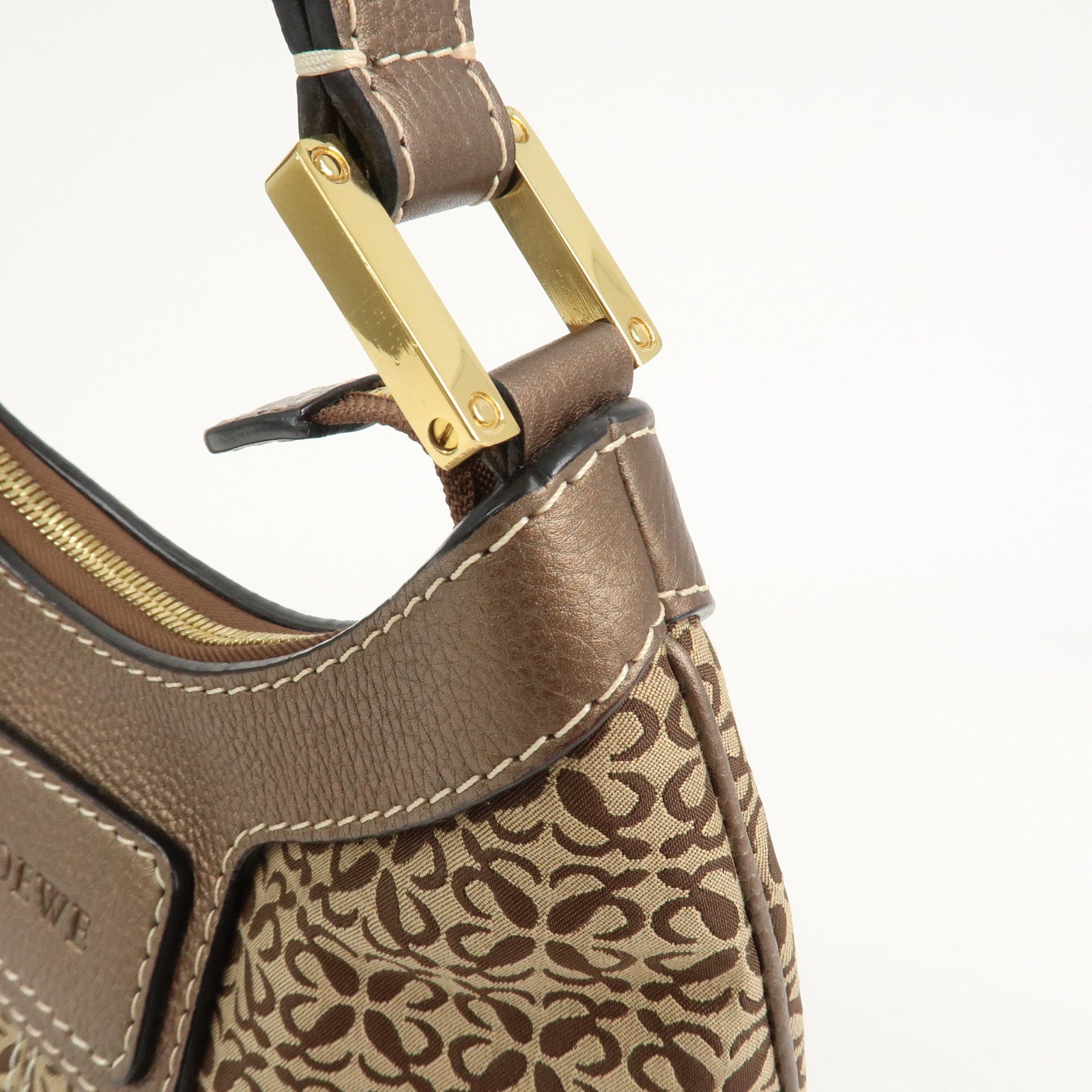 LOEWE New Road Line Logo Canvas Leather Shoulder Bag Brown Beige