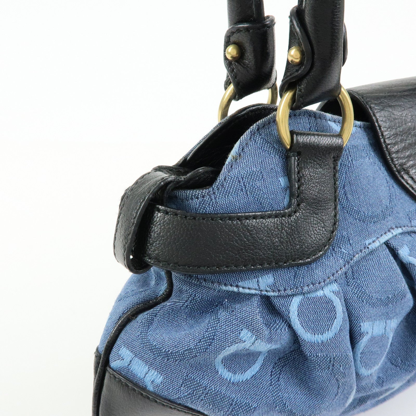 Ferragamo Gancini Canvas Leather Hand Bag Shoulder Bag Blue Black