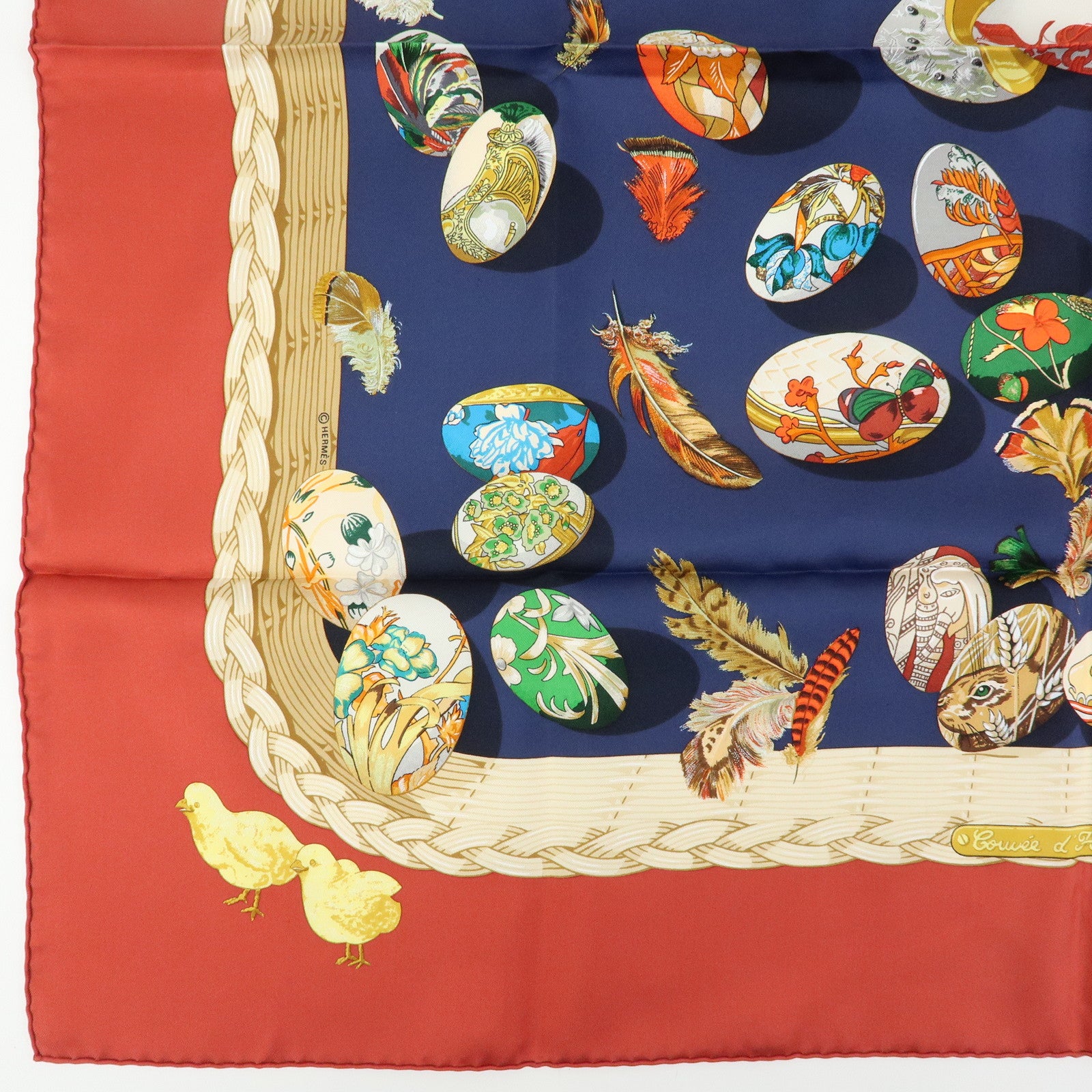 HERMES Carre 90 Silk 100% Scarf COUVEE D HERMES Egg Print Navy Red