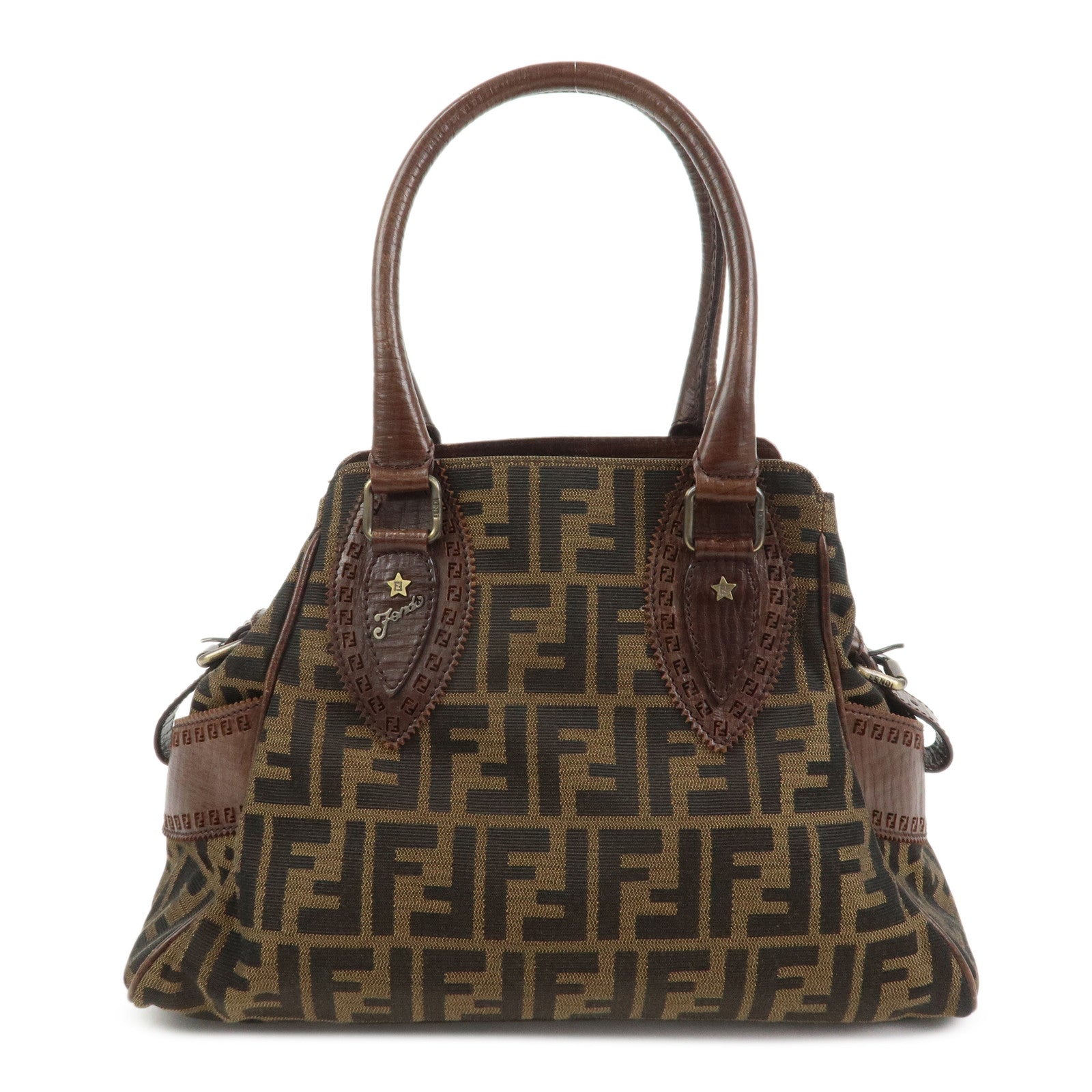 FENDI Etnico Canvas Leather Shoulder Bag Brown Black 8BN157