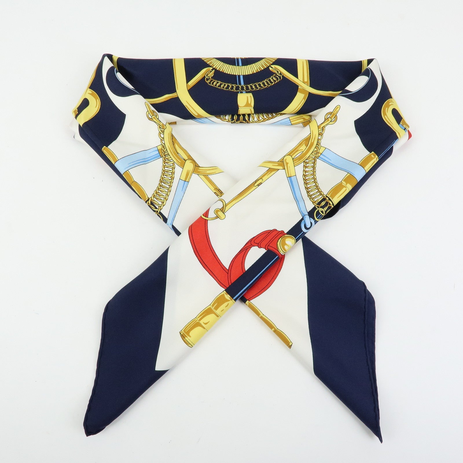 HERMES Carre 90 Silk 100% Scarf Eperon d'or Navy Ivory Red Gold