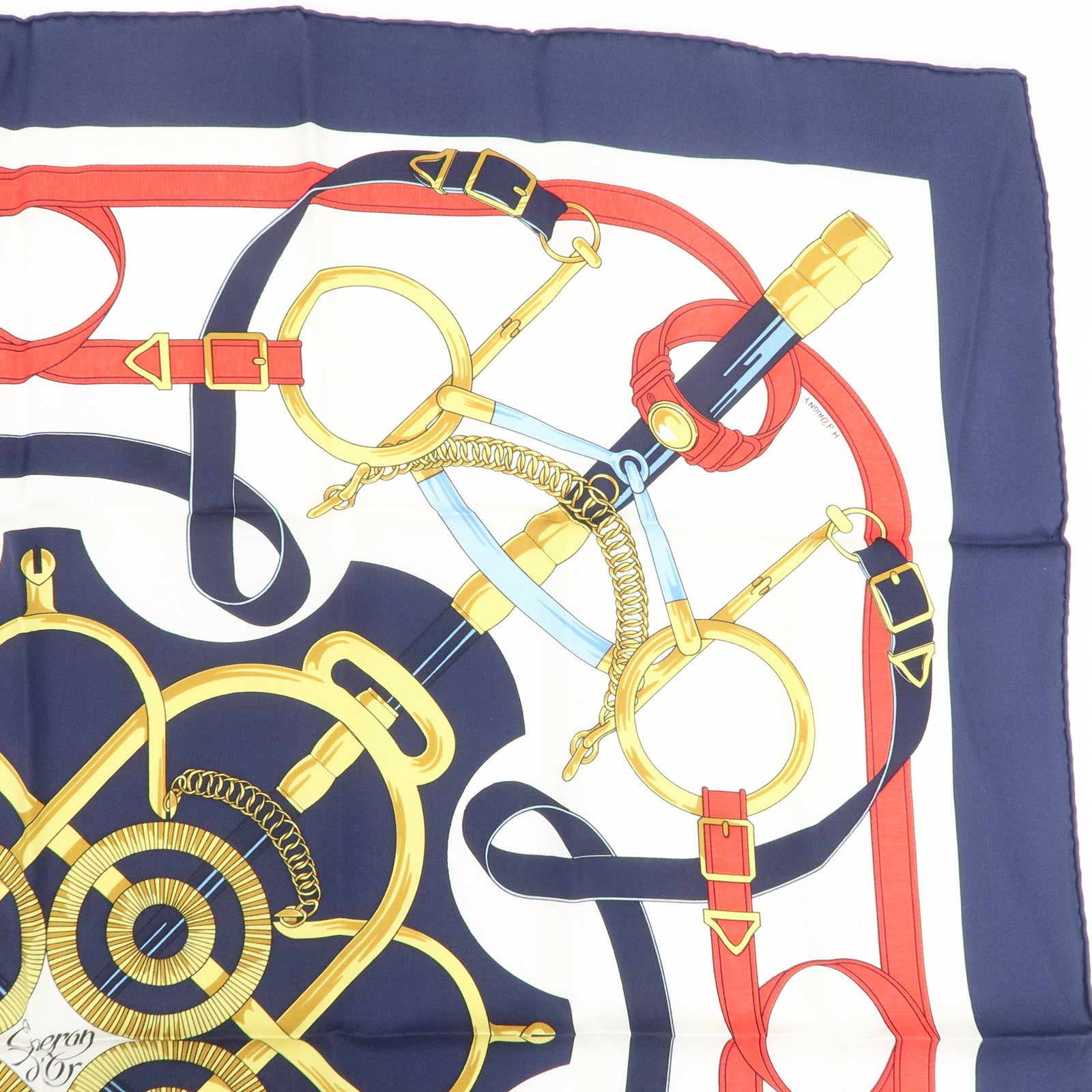 HERMES Carre 90 Silk 100% Eperon d'or Scarf White Navy