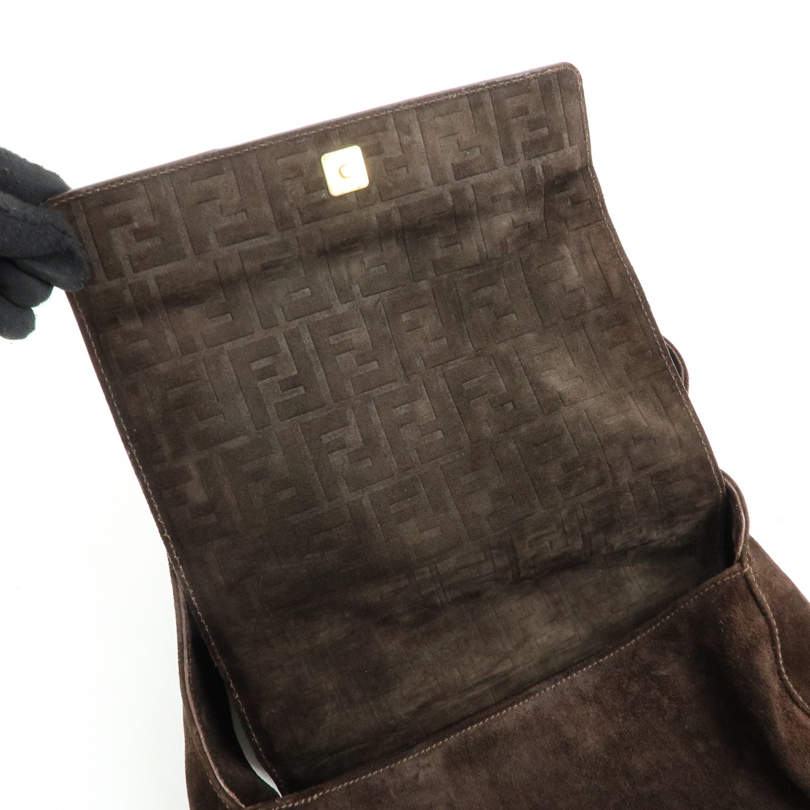 FENDI Zucca Suede Flap Shoulder Bag Crossbody Bag Brown