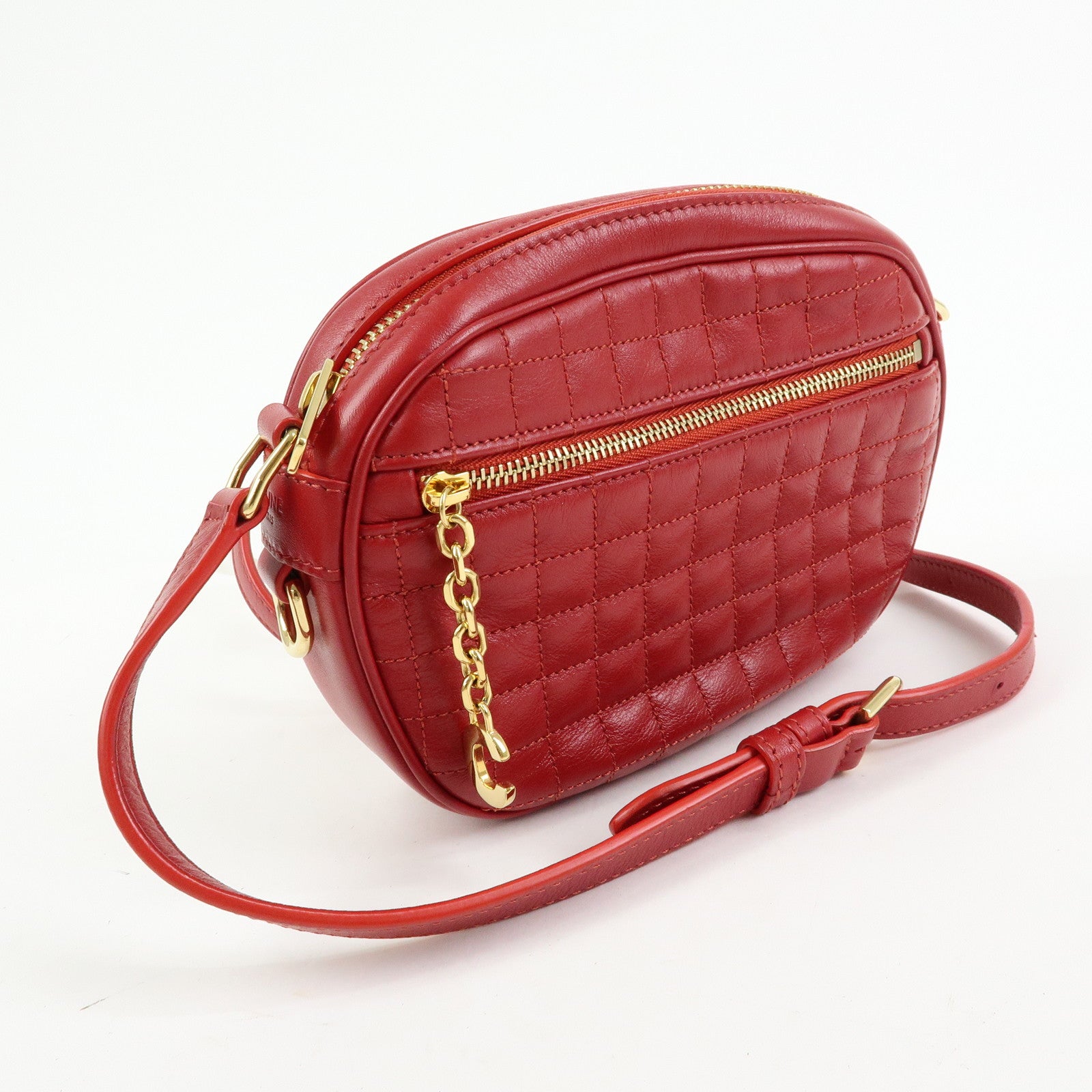 CELINE Leather Shoulder Bag Crossbody Bag C Charm Red