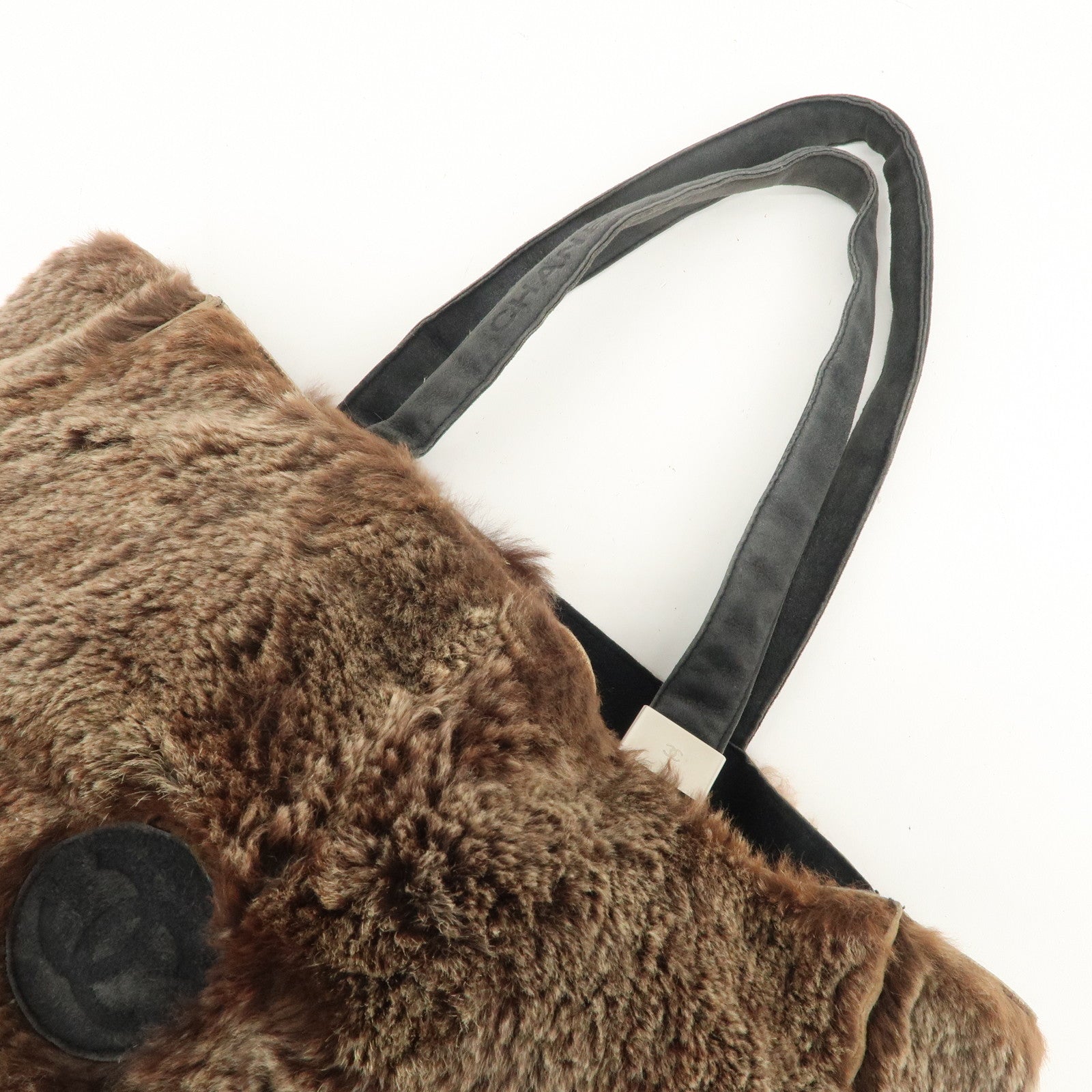CHANEL COCO Mark Lapin Suede Tote Bag Hand Bag Shoulder Bag Brown