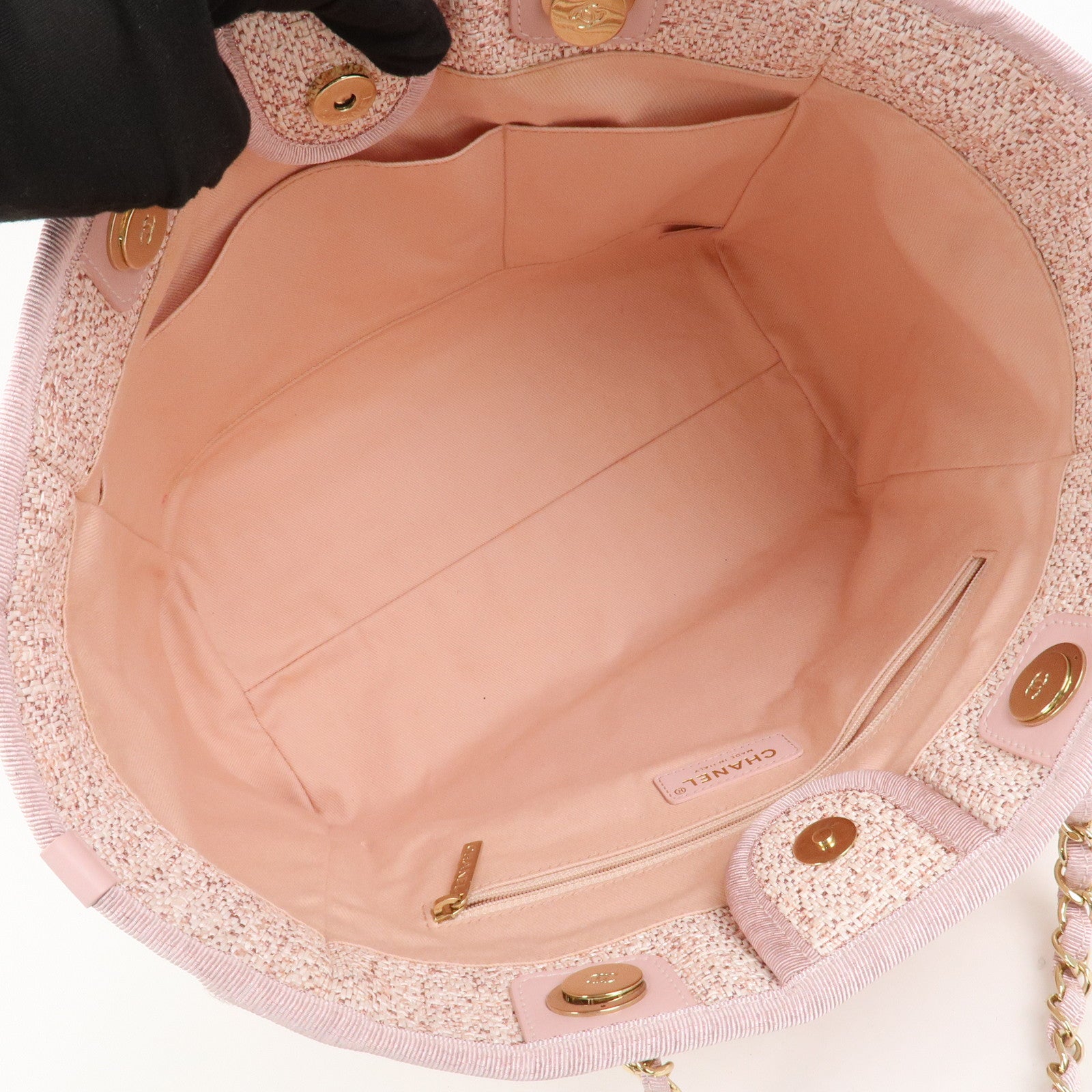 CHANEL Tweed Leather Deauville MM Shoulder Bag Tote Bag Pink