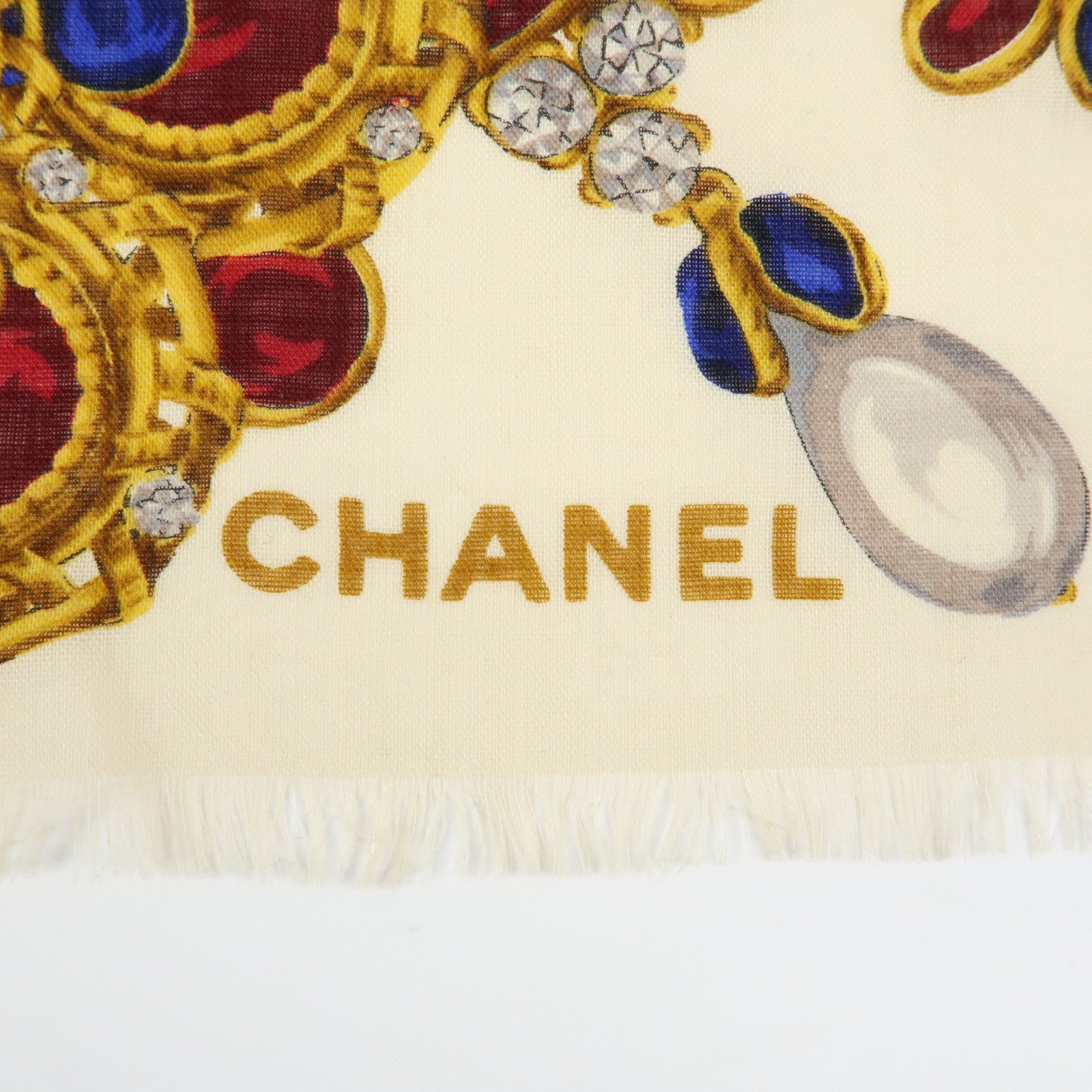CHANEL Wook Silk Jewlry Pattern Scarf Beige Gold Red Blue