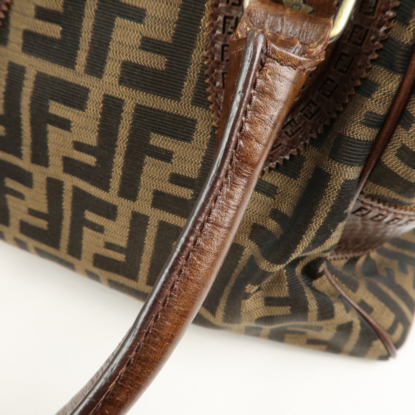 FENDI Ethnico Zucca Canvas Leather Shoulder Bag Brown 8BN157