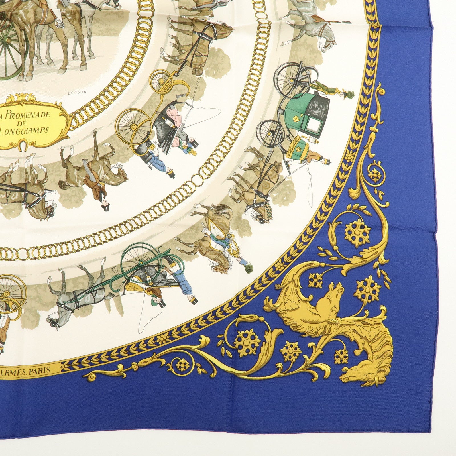 HERMES Carre 90 Silk 100% Scarf LA PROMENADE DE LONGCHAMPS Blue