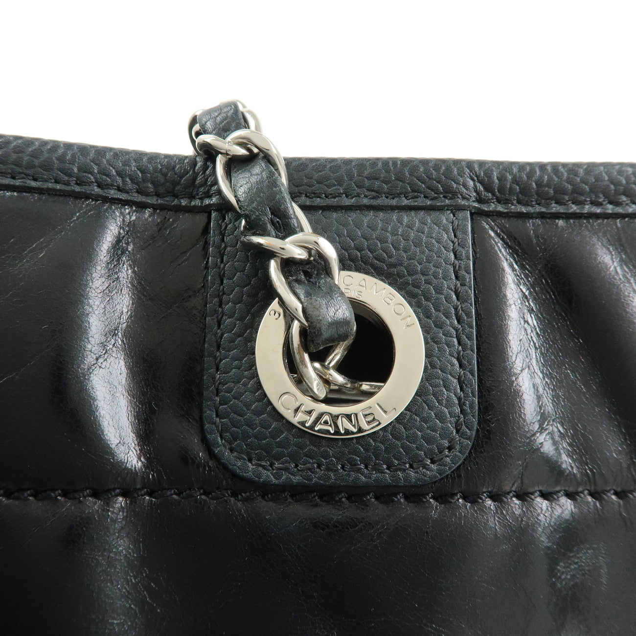 CHANEL Aged Calf Skin Caviarskin Deauville MM Tote Bag Black A93257