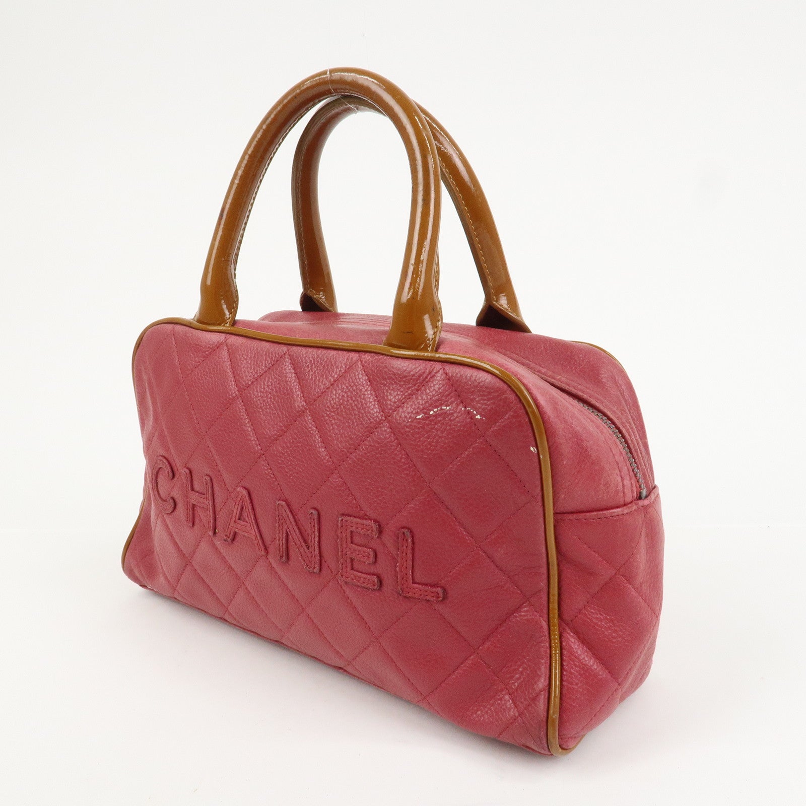 CHANEL Matelasse Leather Patent Leather Mini Boston Bag Pink Brown