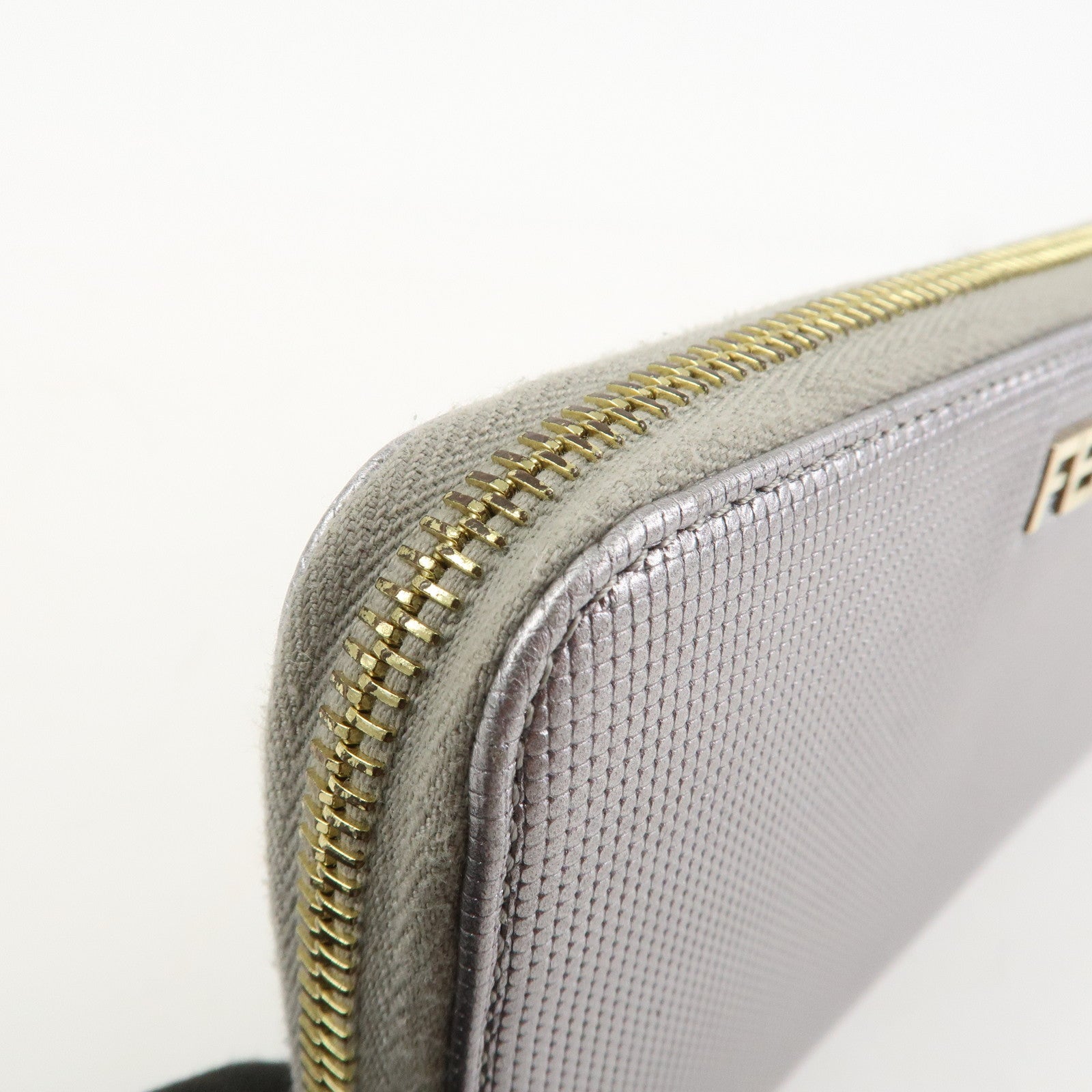 FENDI Leather Round Zippy Long Wallet Silver 8M0024 Used