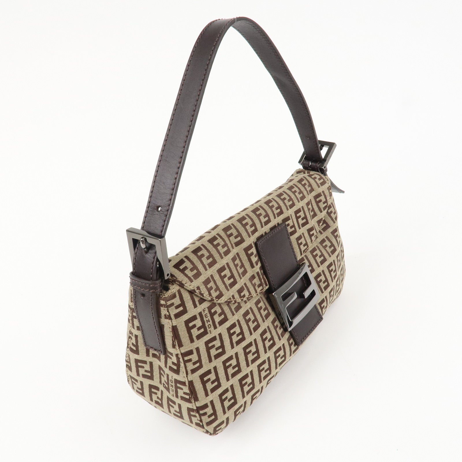 FENDI Mamma Baguette Zucchino Canvas Leather Hand Bag Brown 8BR003 Used