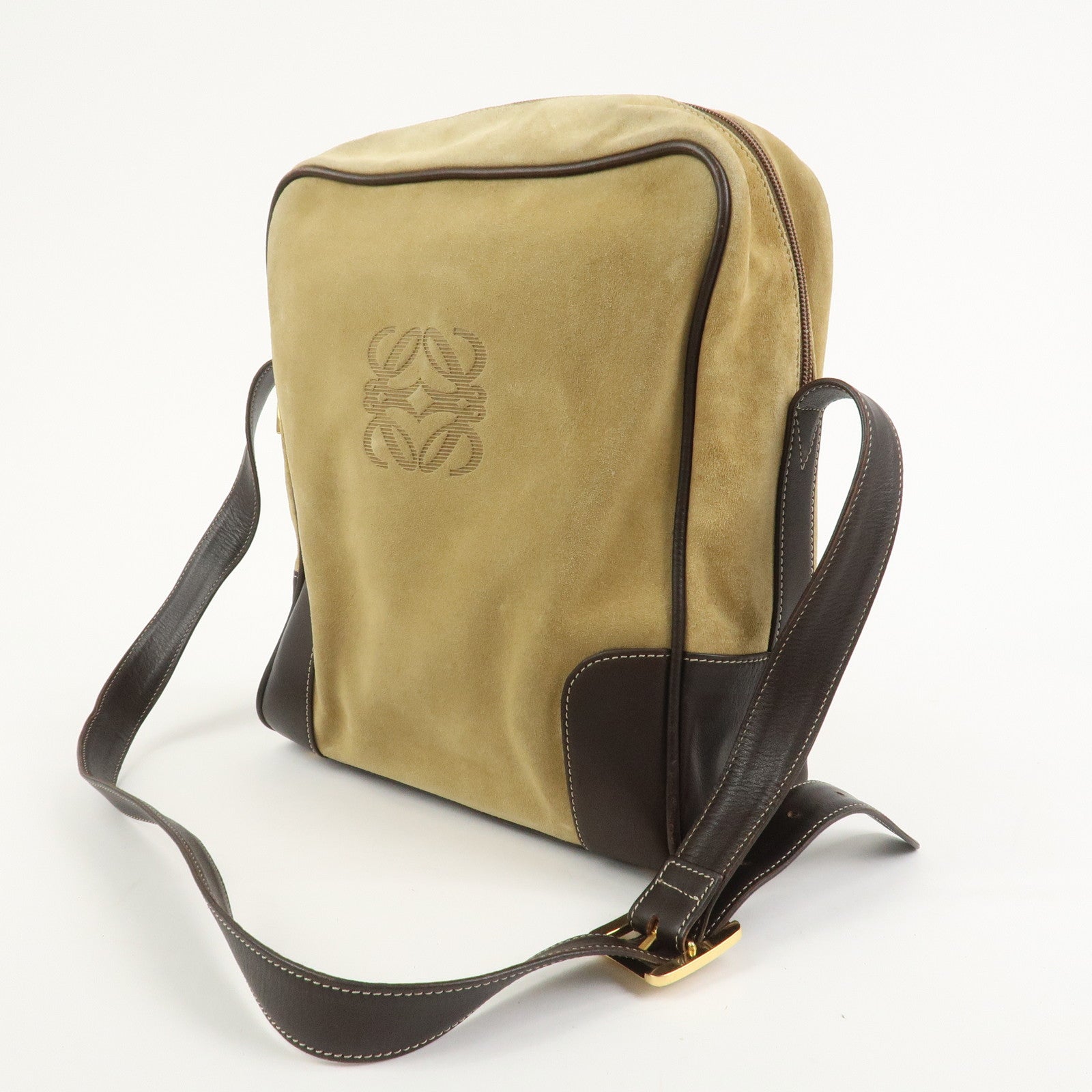 LOEWE Anagram Suede Leather Shoulder Bag Beige Brown