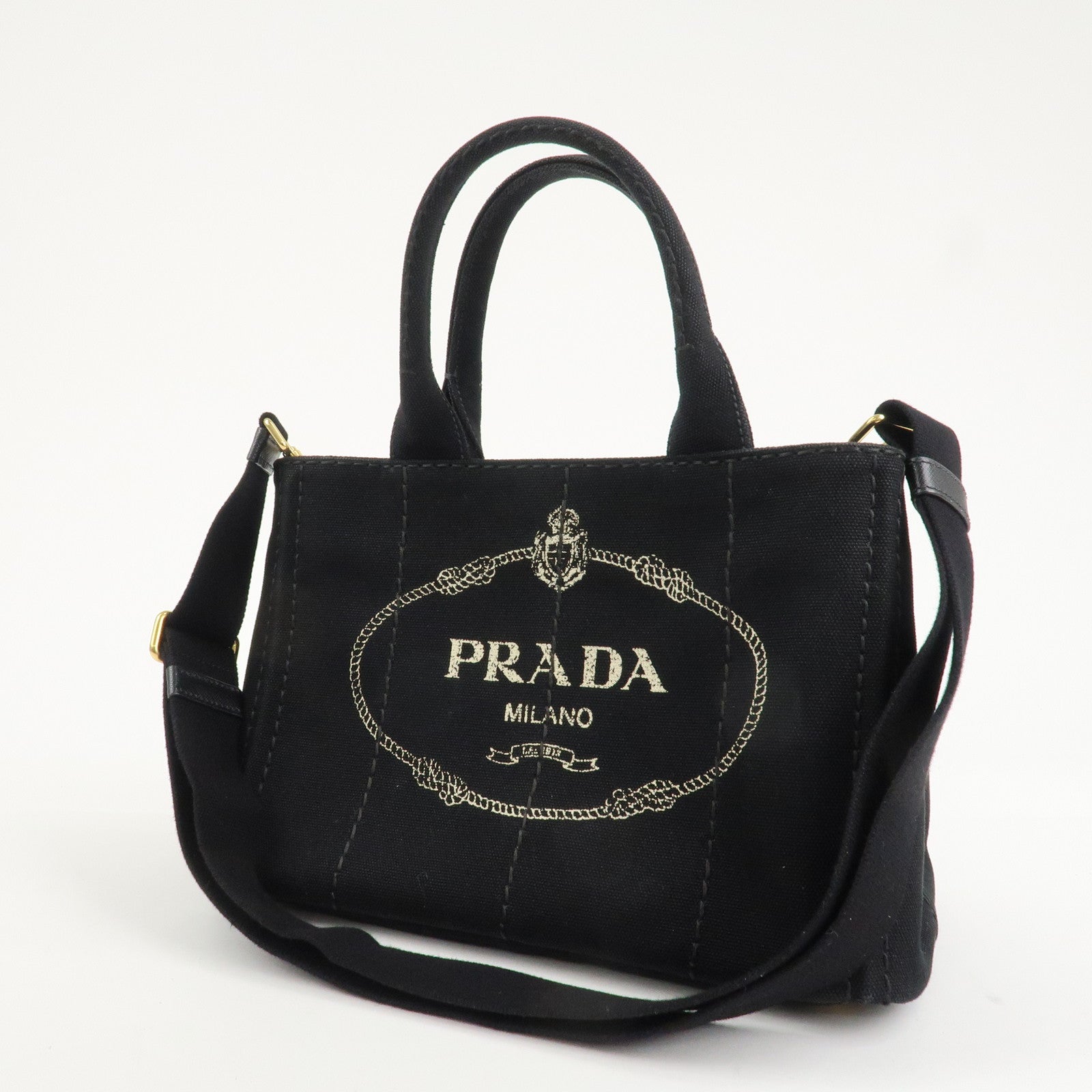 PRADA Canapa Mini Canvas 2Way Hand Bag Tote Bag Black 1BG439 Used