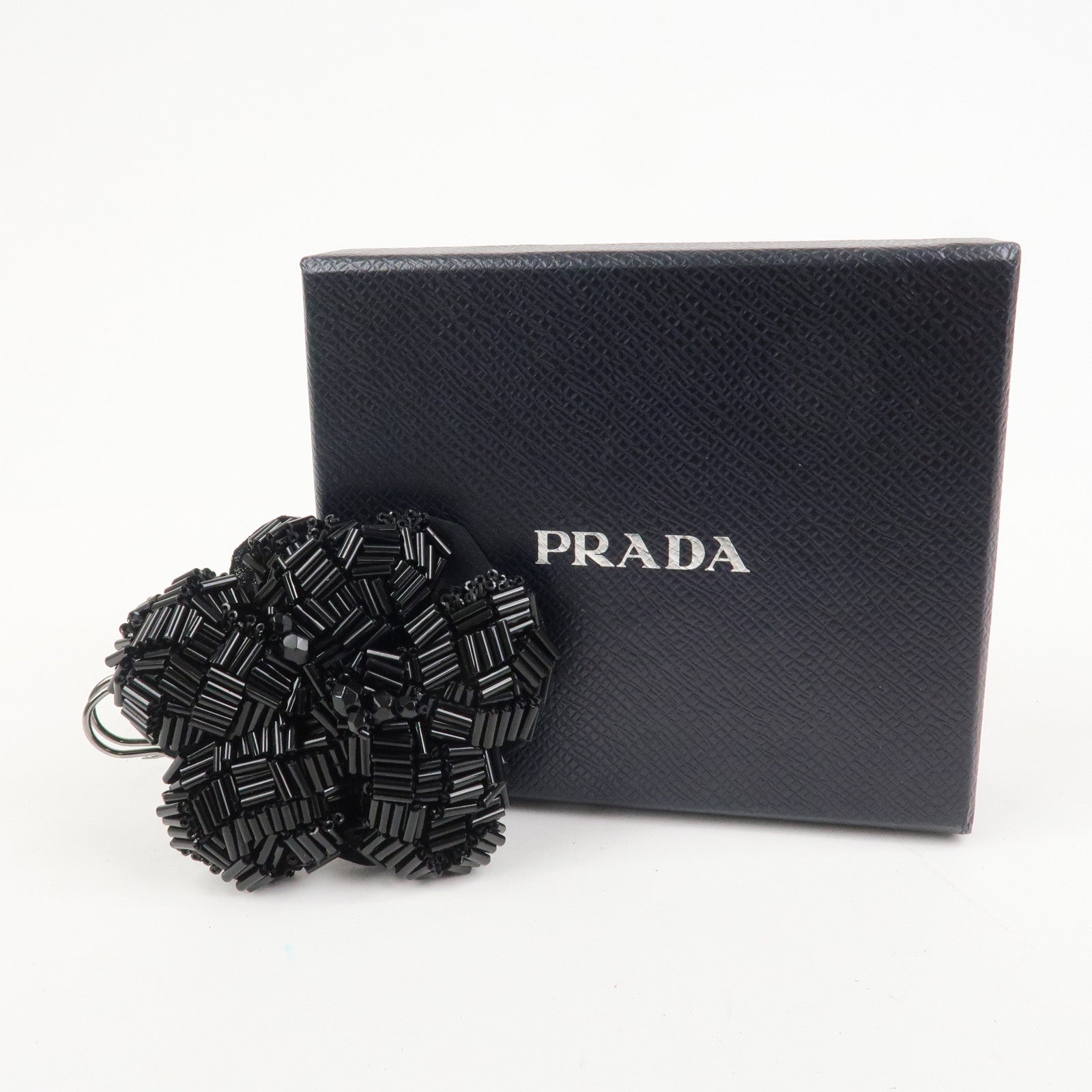 PRADA Beads Organdy Brooch Flower Silver HDW Black P7428R