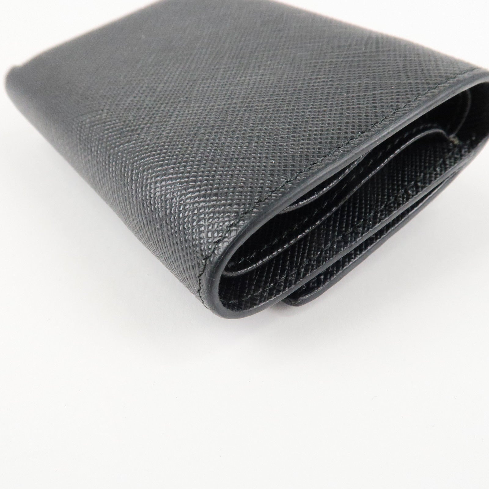 PRADA Saffiano Leather Tri-fold Wallet Black Gold Hardware 1MH021 Used