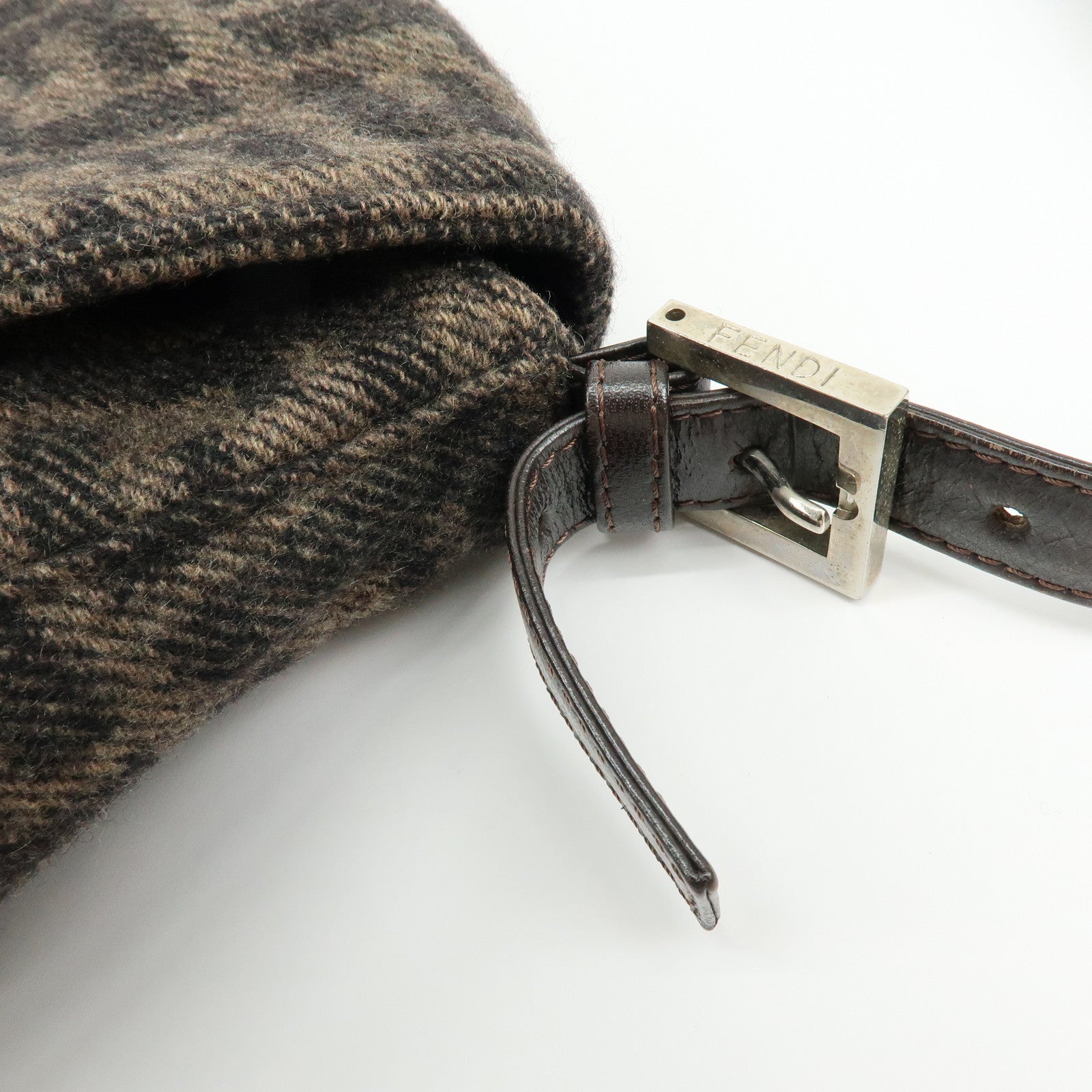 FENDI Mamma Baguette Zucca Wool Leather Shoulder Bag Brown 26325