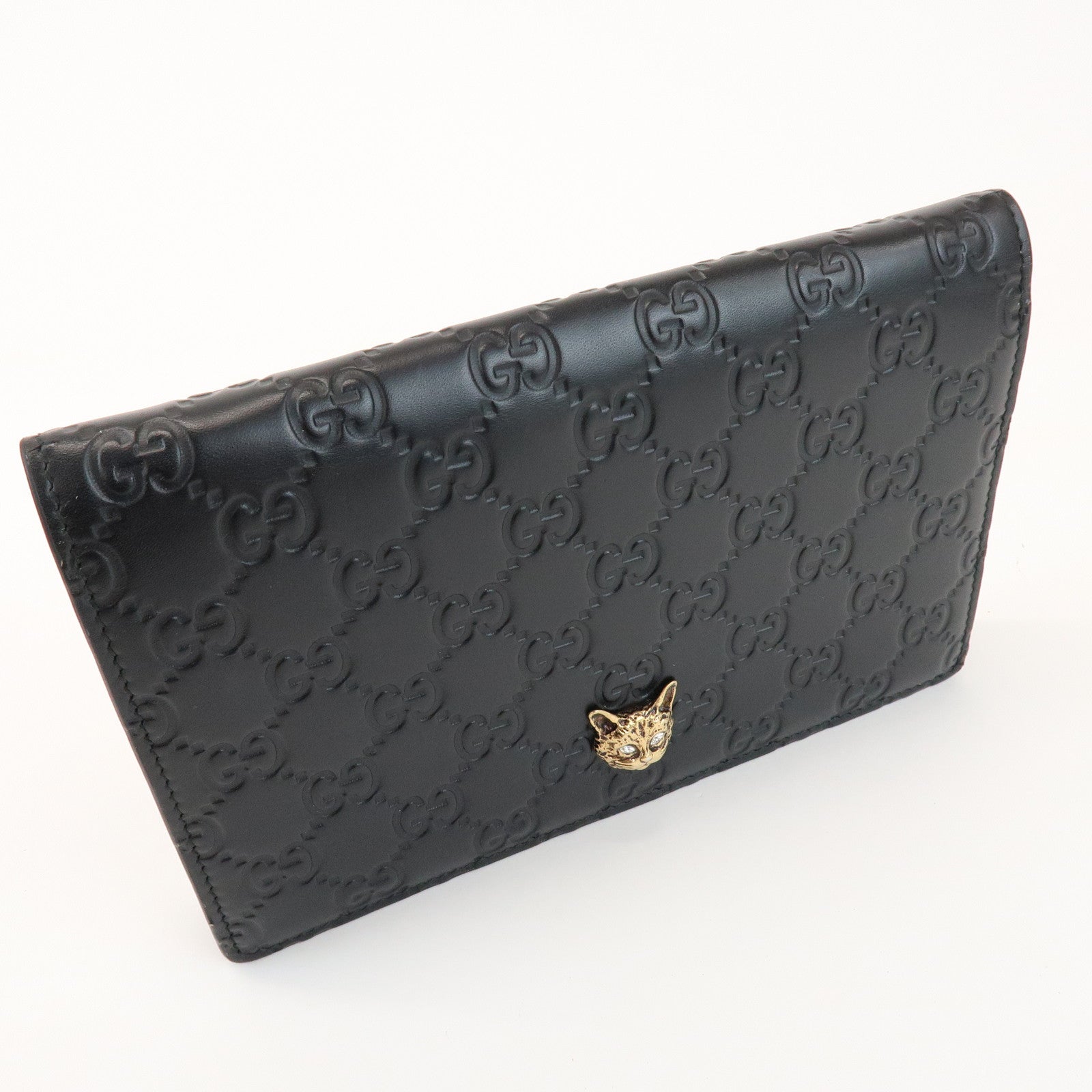 GUCCI Guccissima Leather Chain Long Wallet Cat Black 548060