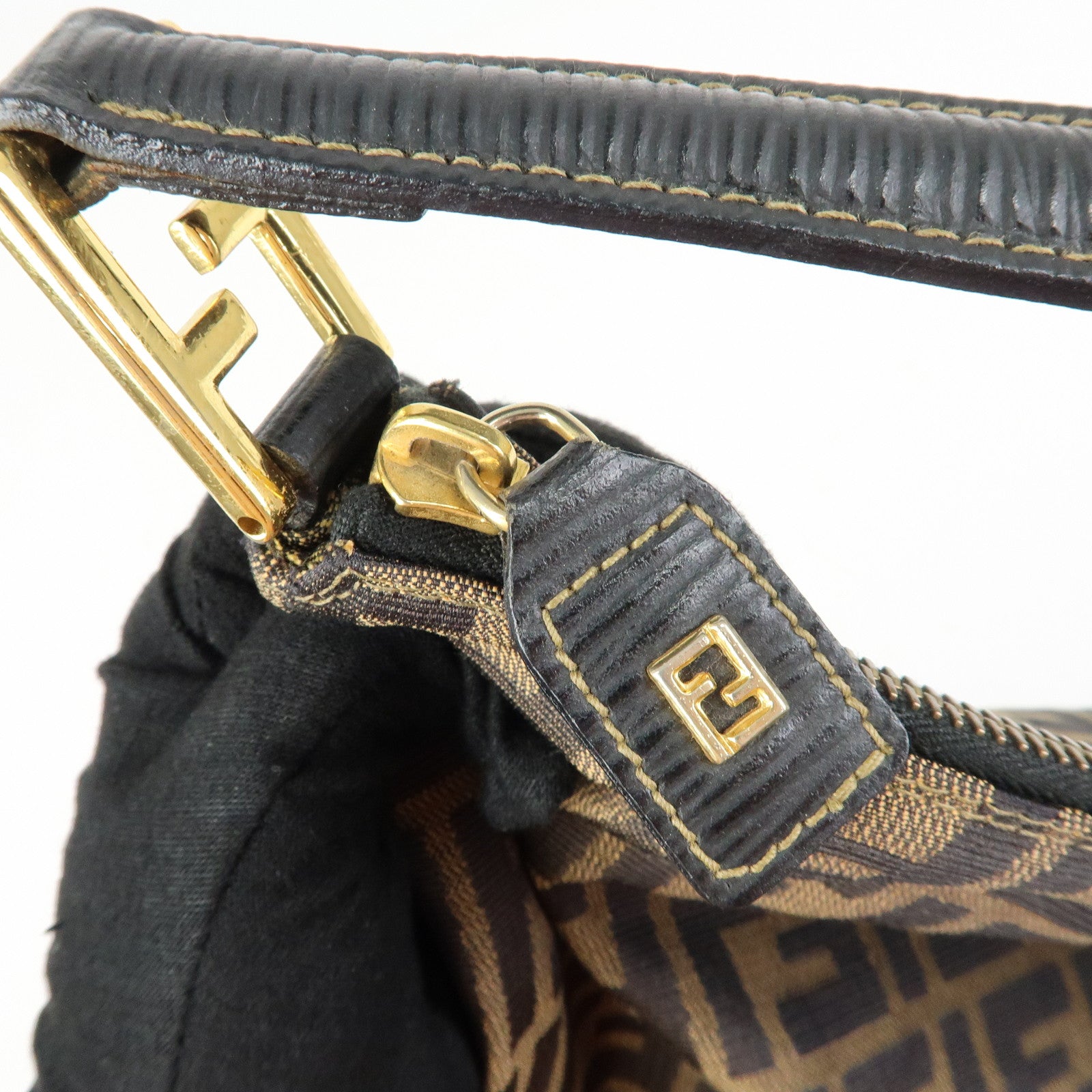 FENDI Zucca Canvas Leather Shoulder Bag Hand Bag Brown Black