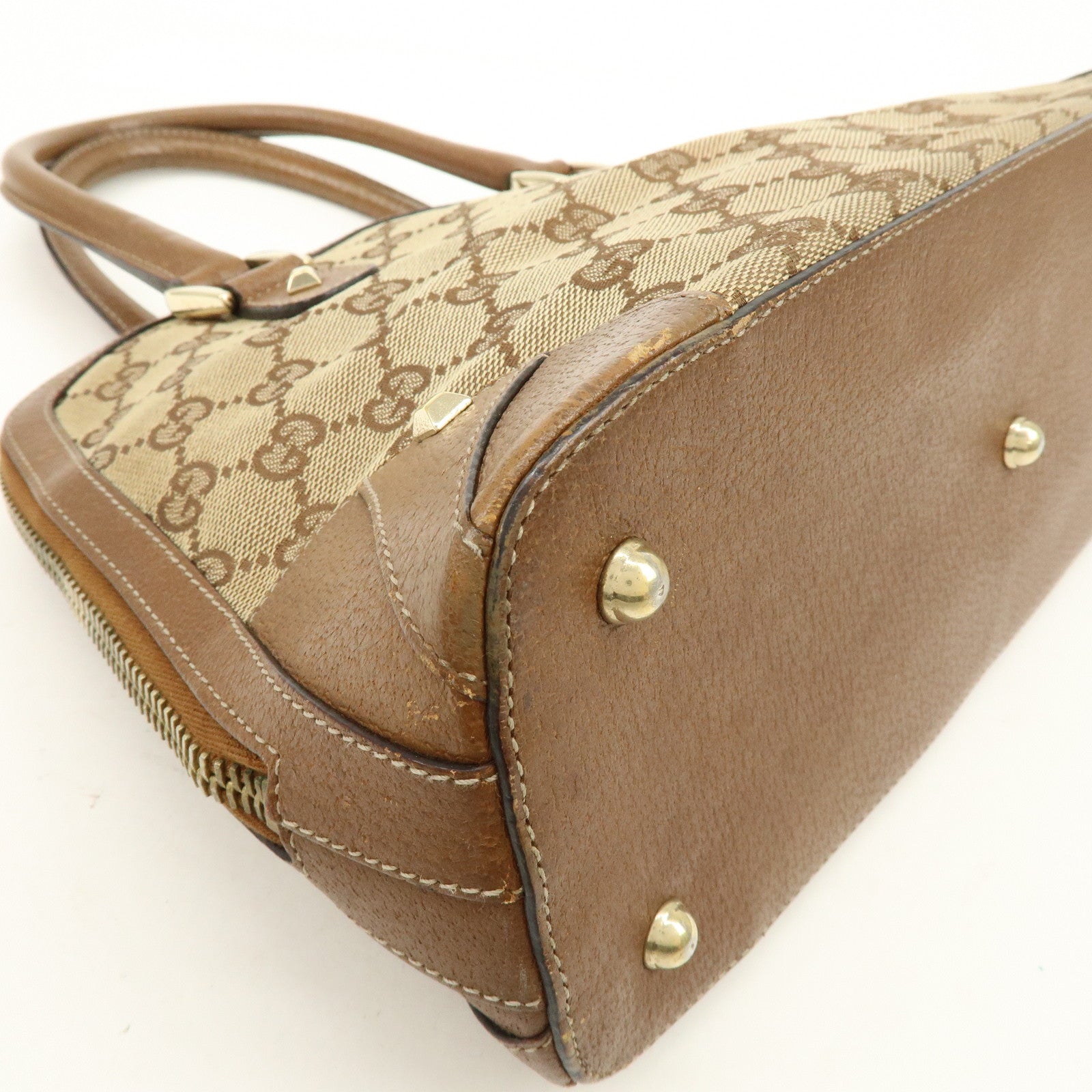 GUCCI GG Canvas Leather Studded Hand Bag Brown 131023