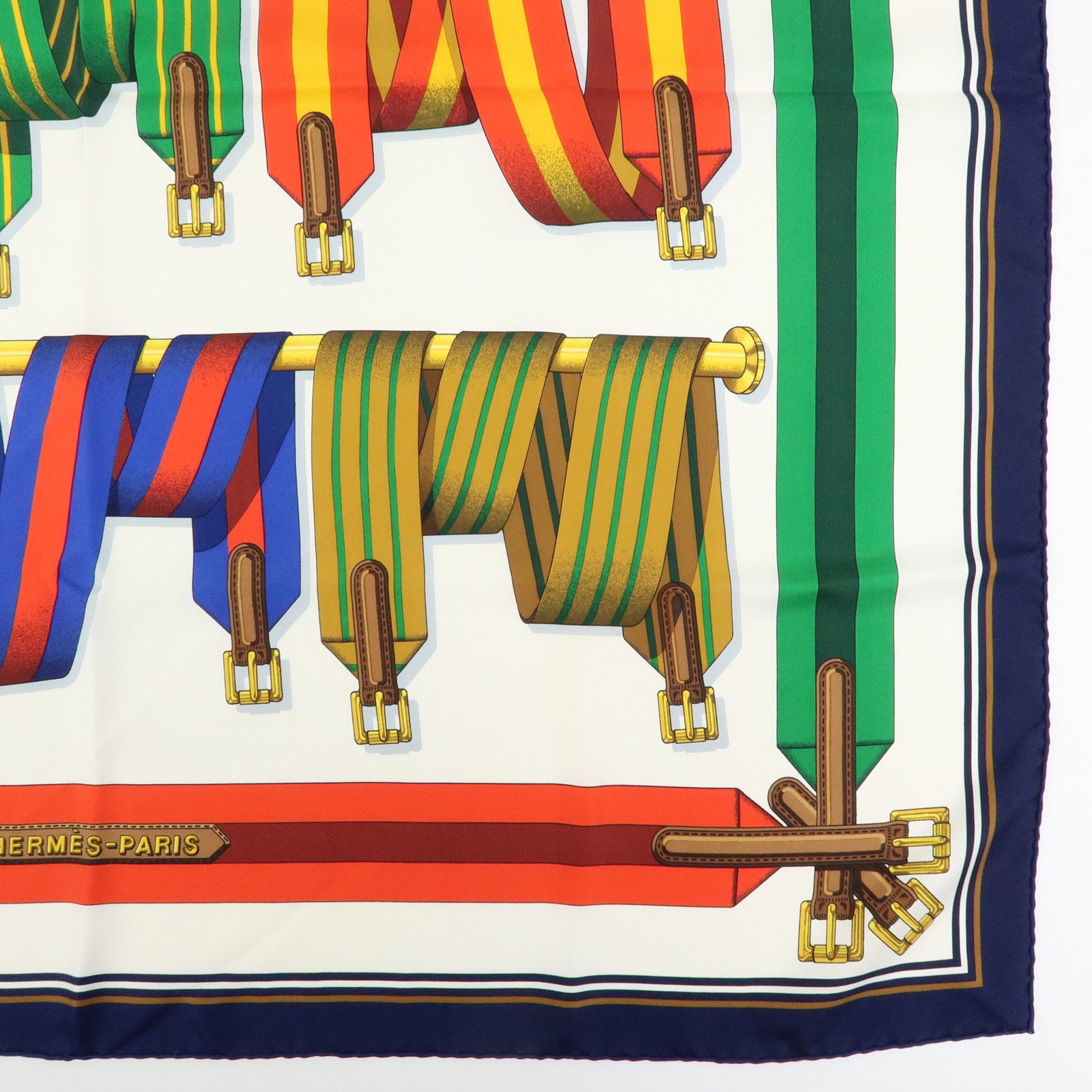 HERMES Carre 90 Silk 100% J.METZ Les Sangles Scarf Blue Green Red