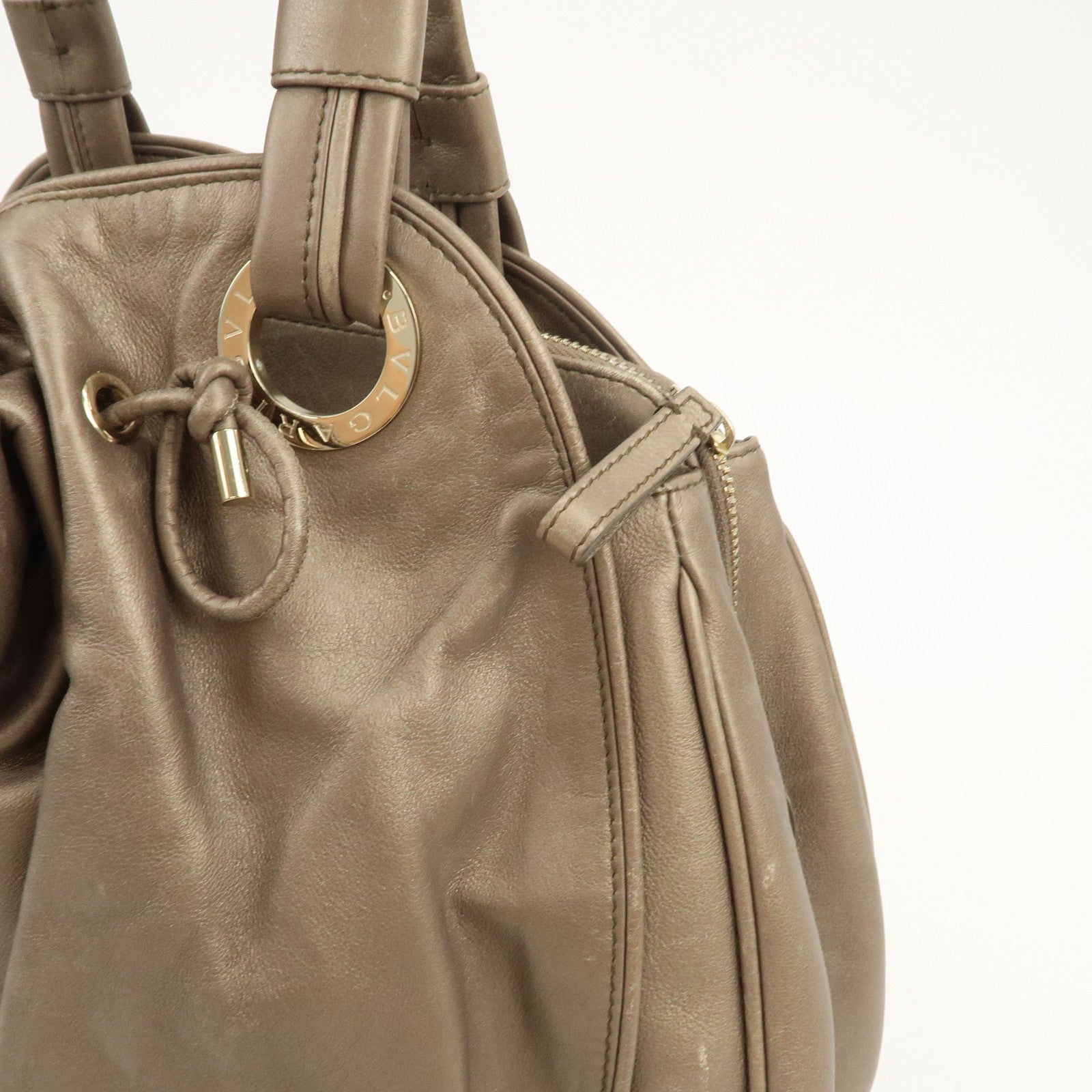 BVLGARI Logo Leather Hand Bag Shoulder Bag Bronze
