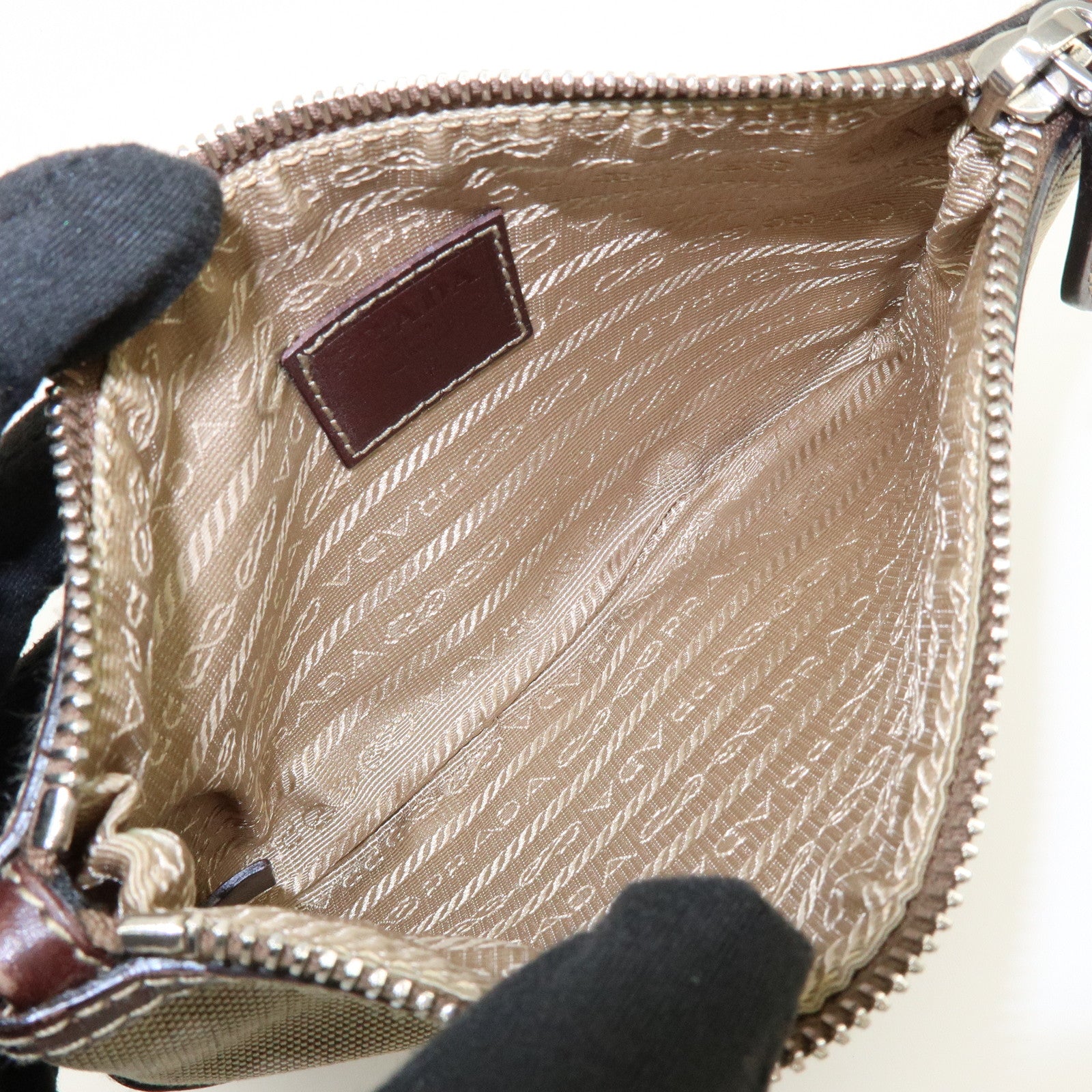 PRADA Logo Jacquard Leather Pouch Cosmetic Case Beige Brown