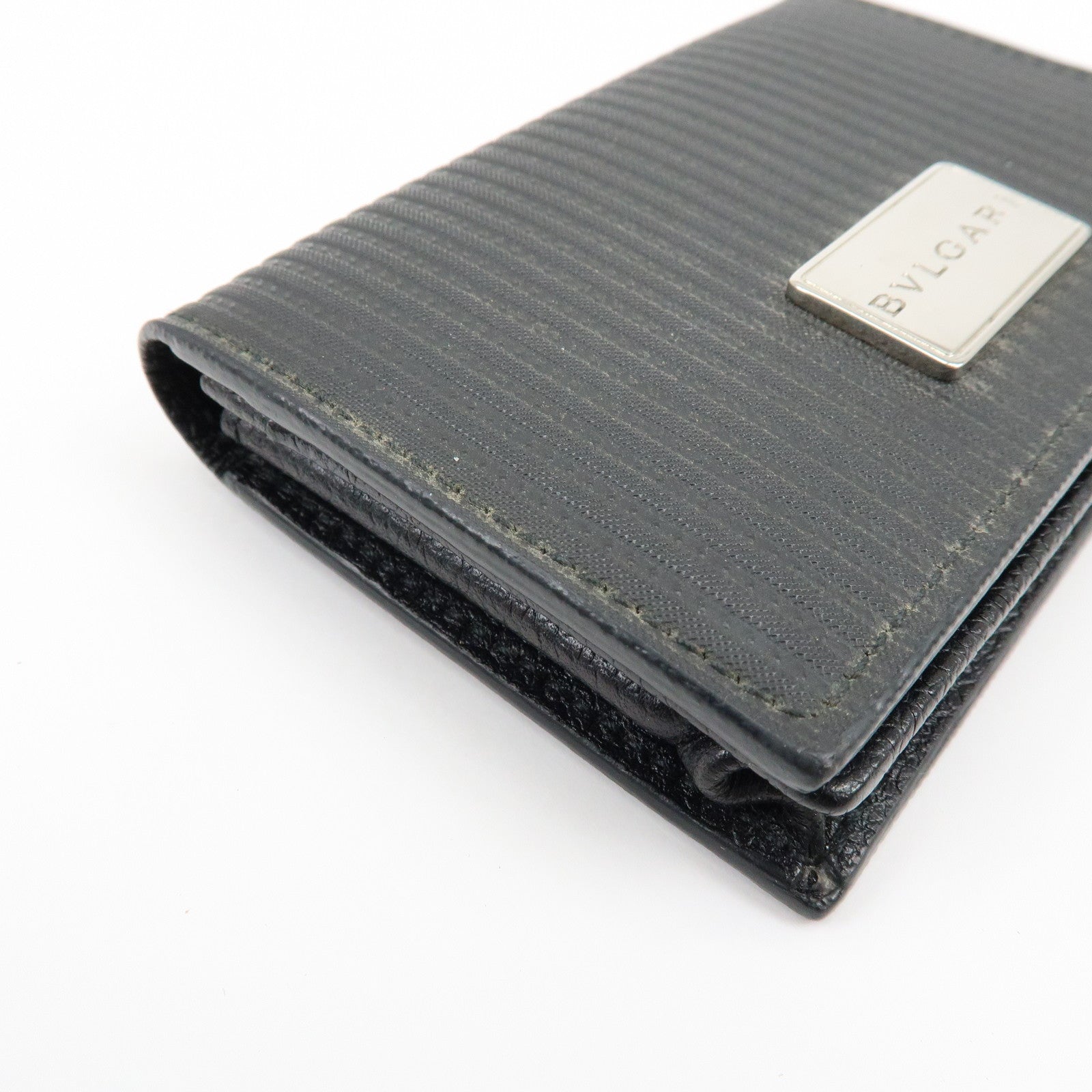 BVLGARI Millerighe Set of 2 PVC Leather Card Case Key Case Black