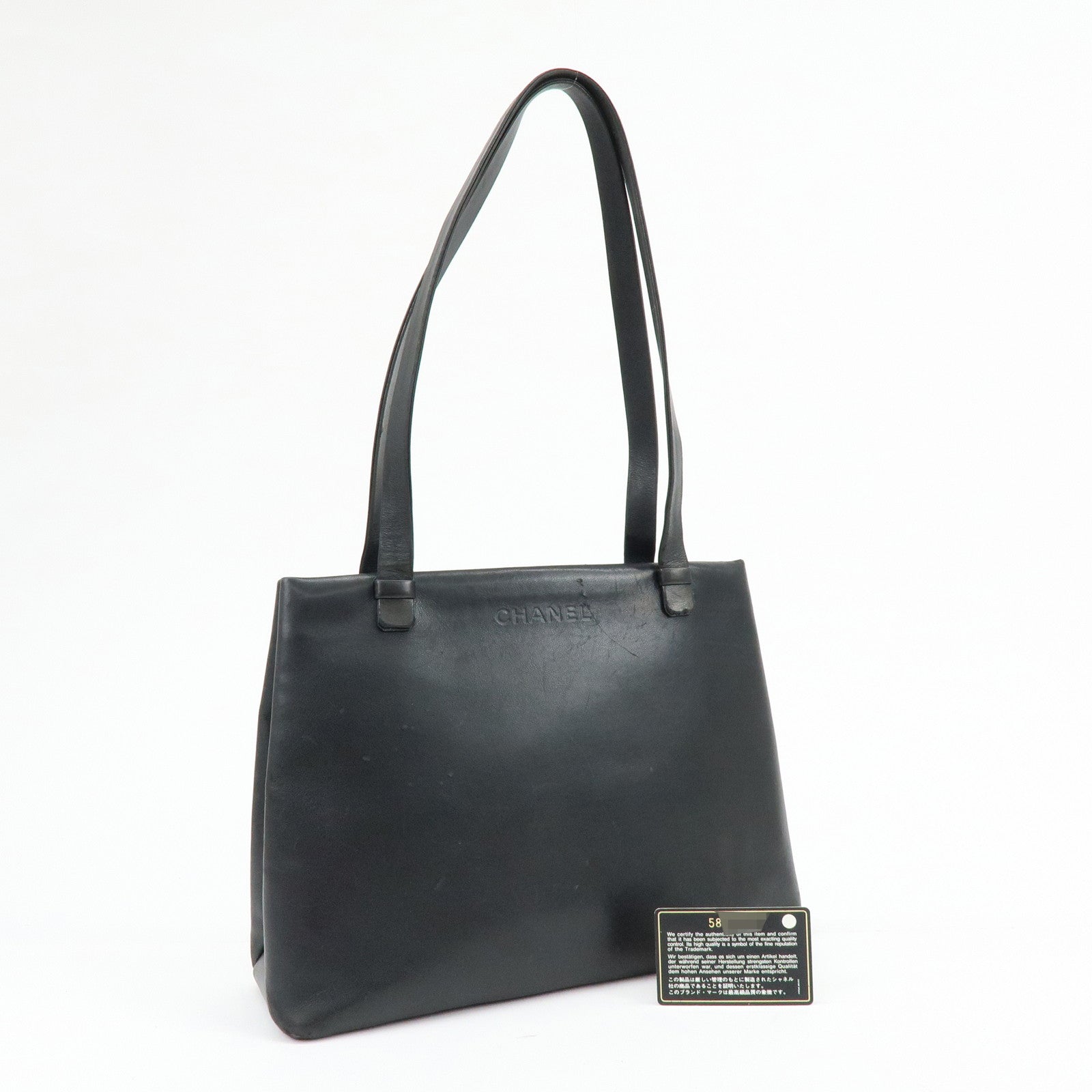 CHANEL Logo Calf Skin Tote Bag Shoulder Bag Hand Bag Black