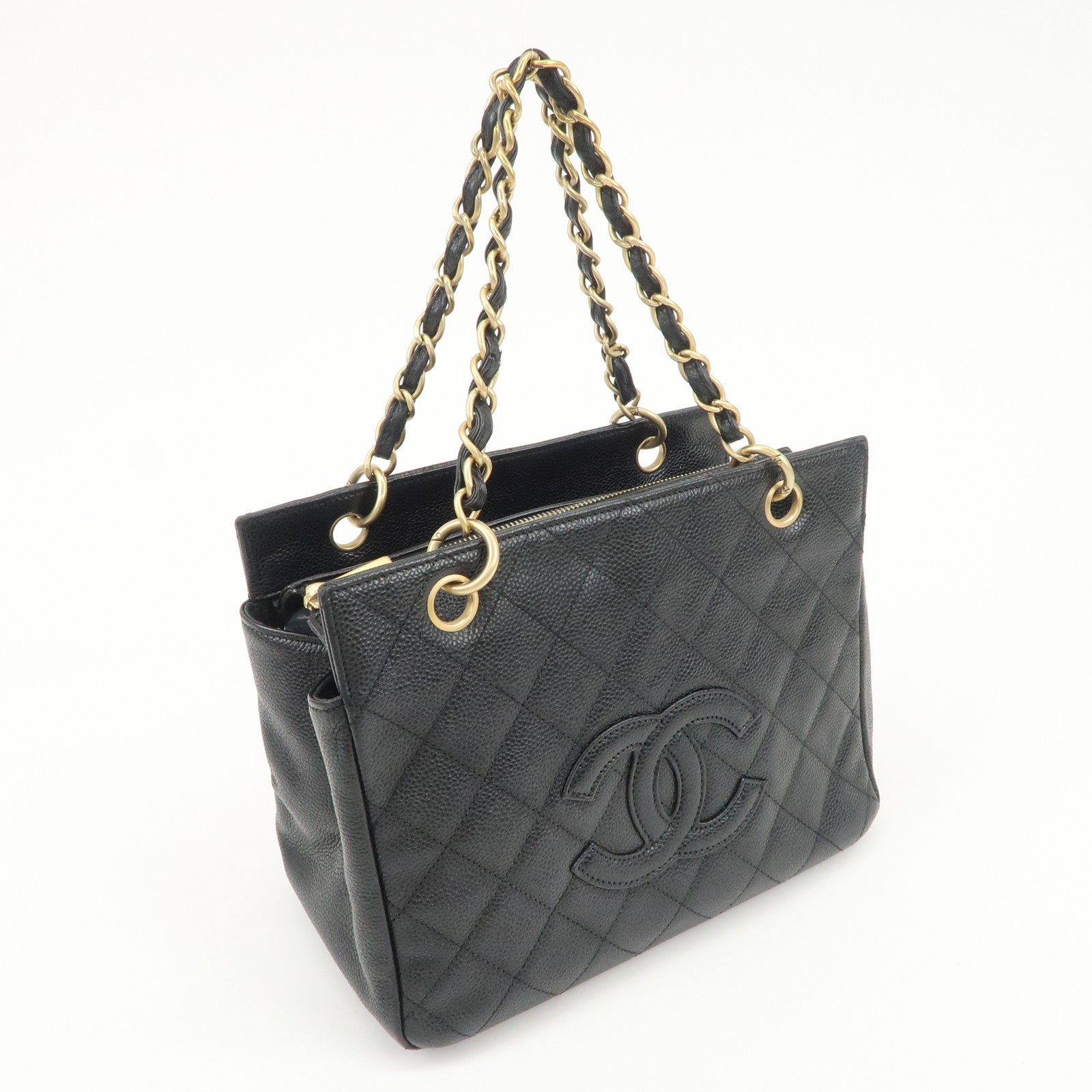 CHANEL COCO Mark Matelasse Caviarskin Chain Tote Bag Black Used